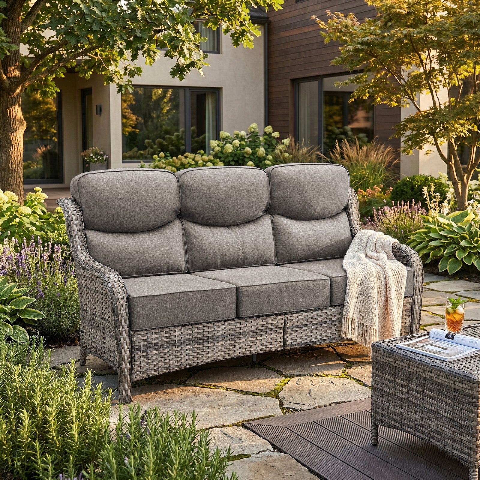 Gymojoy Outdoor Wicker Sofa High Back Patio 3-Seater Rattan Couch with 6'' Thick Cushions, Ideal for Porch, Poolside, Deck, Yard