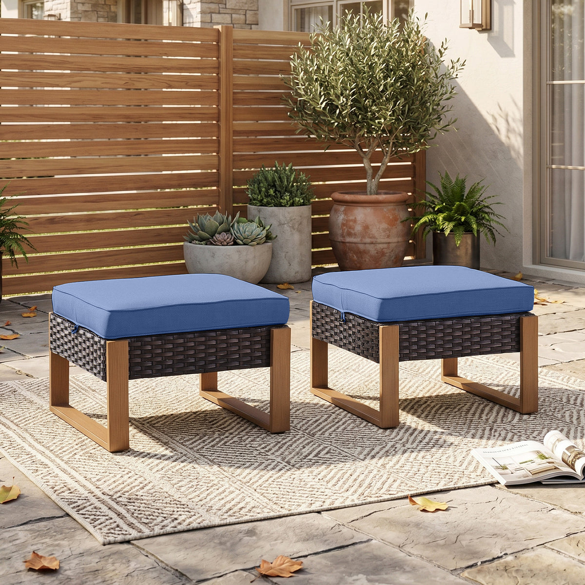 Gymojoy Outdoor Wicker Patio Ottomans Set of 2, Multipurpose Foot Stool Foot Rest for Porch Balcony Backyard