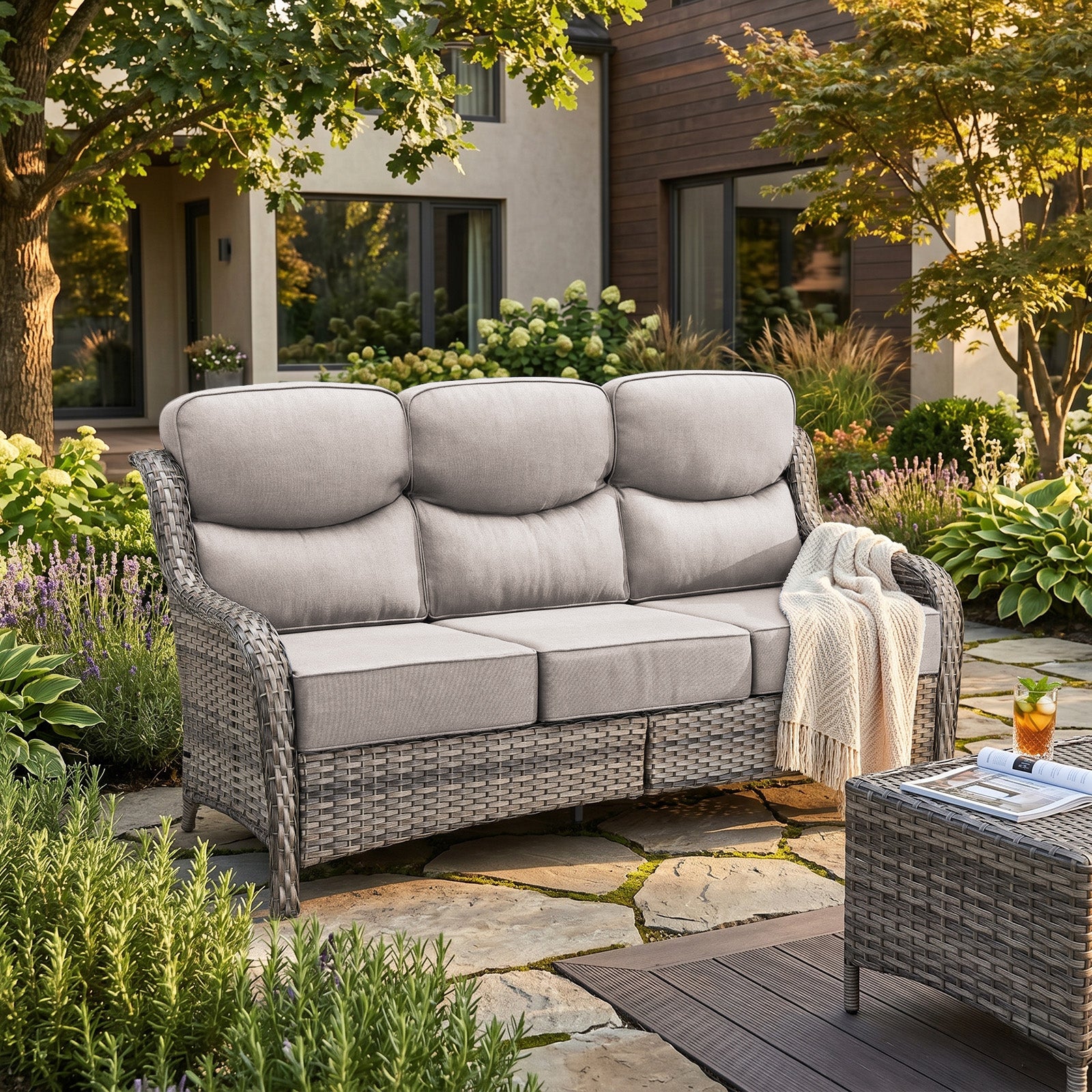 Gymojoy Outdoor Wicker Sofa High Back Patio 3-Seater Rattan Couch with 6'' Thick Cushions, Ideal for Porch, Poolside, Deck, Yard