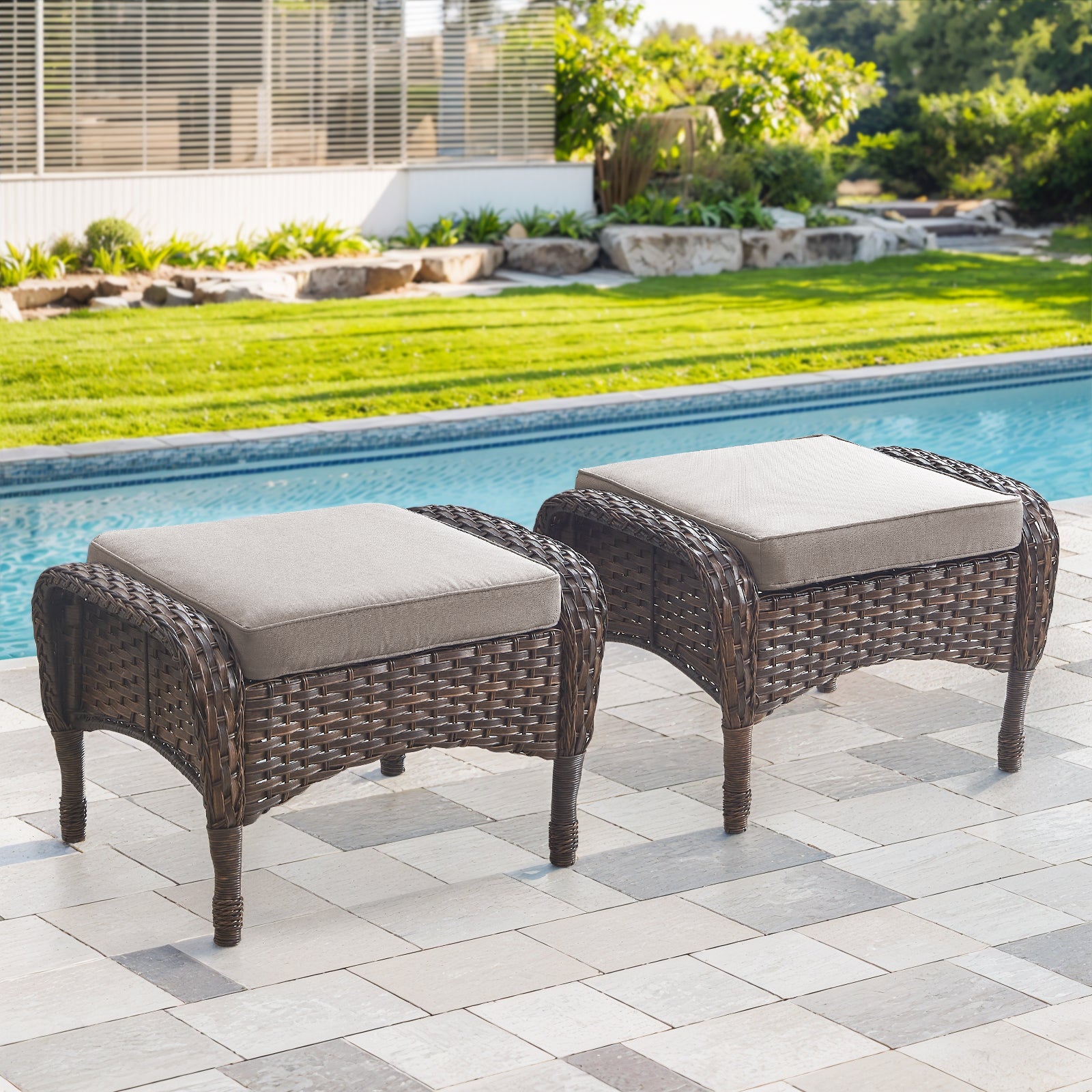 Gymojoy 2 Pack Outdoor Wicker Patio Ottomans, All Weather Rattan Footrest Footstool Seat with Removable Cushions