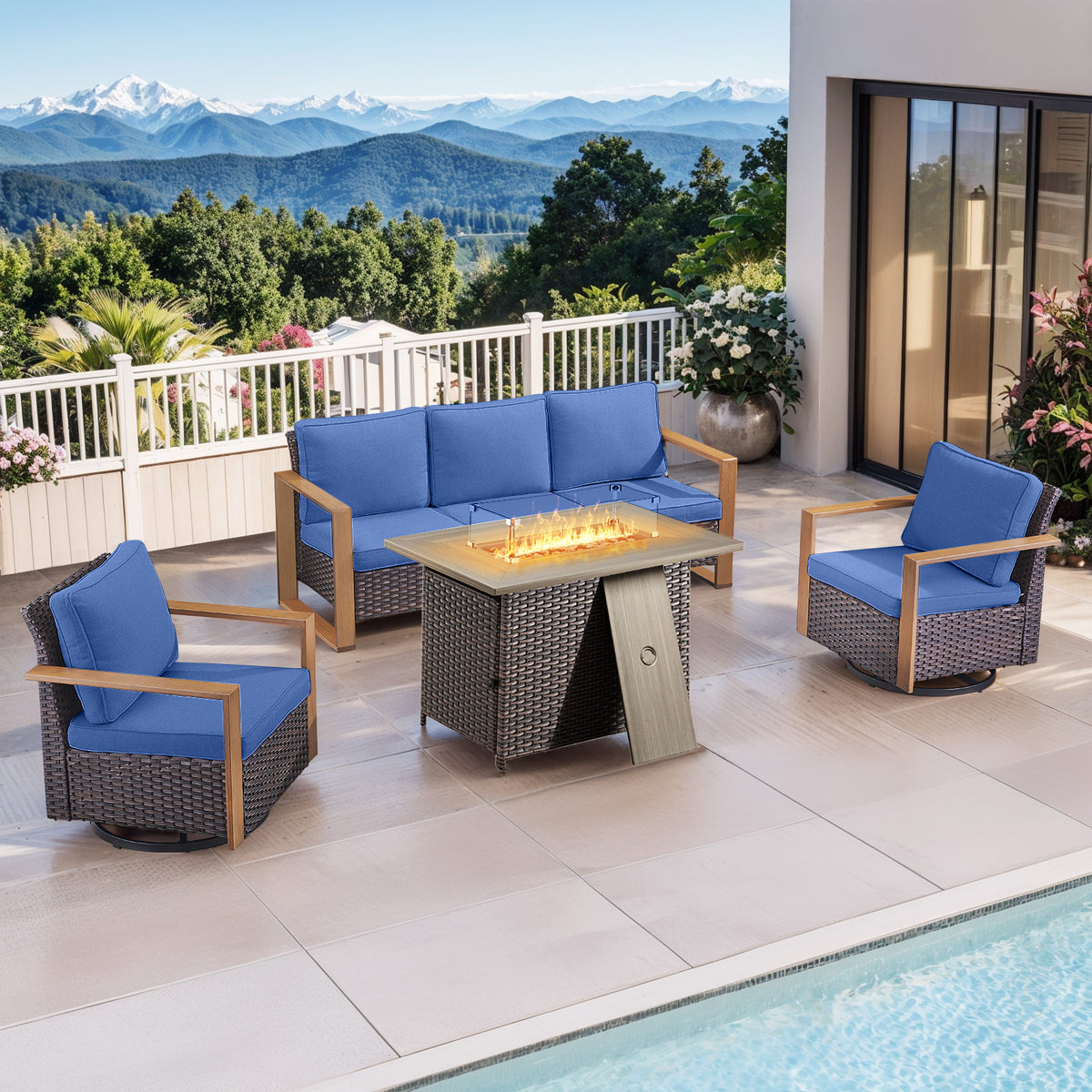 Gymojoy 4-Piece Patio Furniture Set with 41" Propane Fire Pit Table, Outdoor Wicker Conversation Set with 2 Swivel Glider Chairs and Rattan Sofa for Deck Backyard