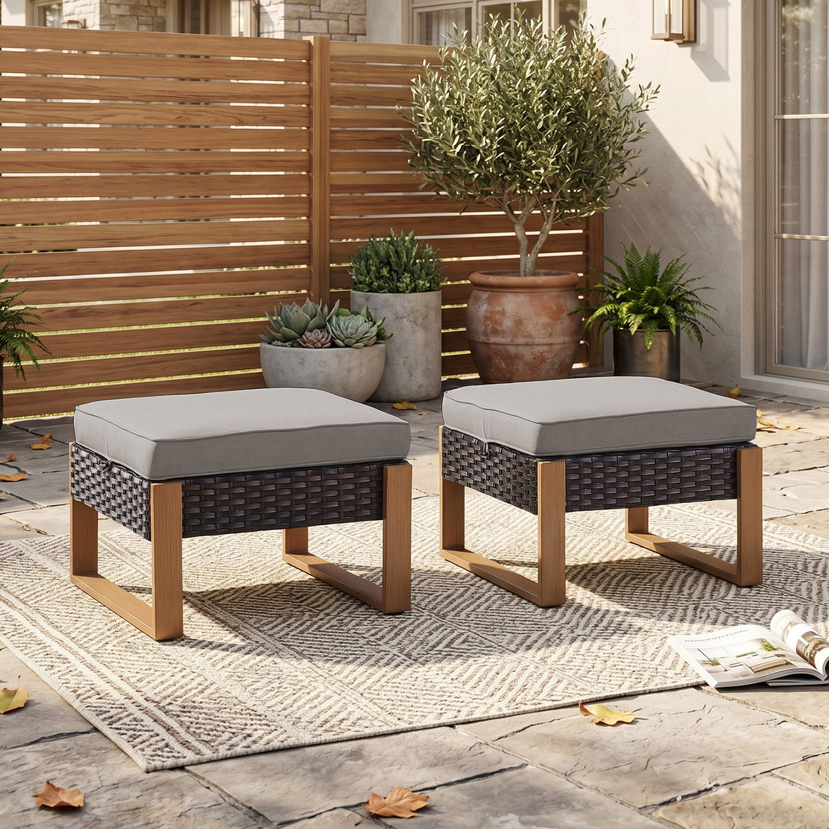 Gymojoy Outdoor Wicker Patio Ottomans Set of 2, Multipurpose Foot Stool Foot Rest for Porch Balcony Backyard