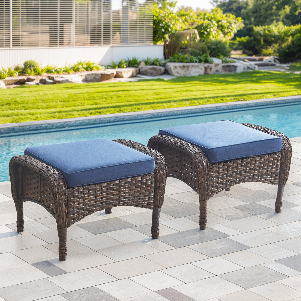 Gymojoy 2 Pack Outdoor Wicker Patio Ottomans, All Weather Rattan Footrest Footstool Seat with Removable Cushions