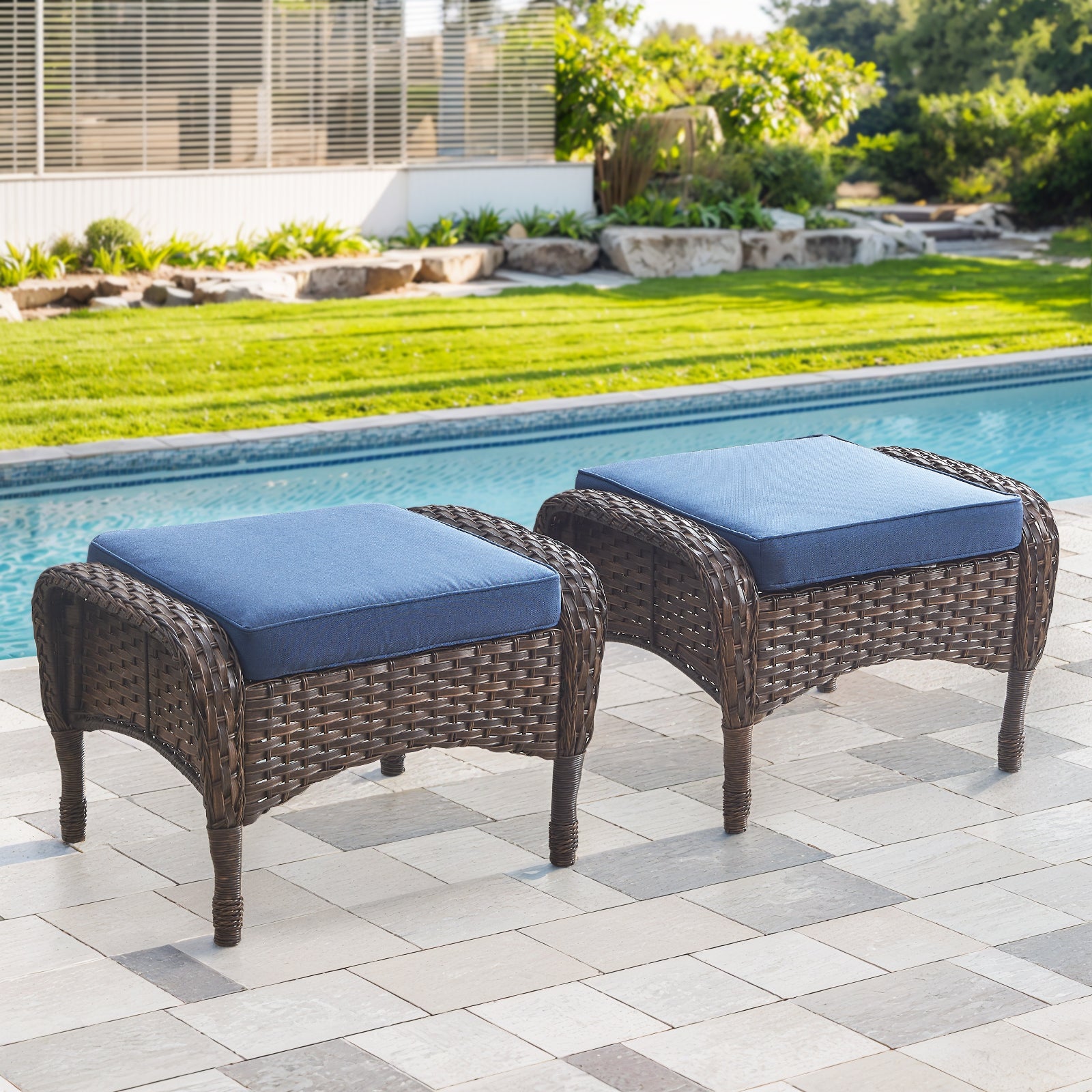 Gymojoy 2 Pack Outdoor Wicker Patio Ottomans, All Weather Rattan Footrest Footstool Seat with Removable Cushions