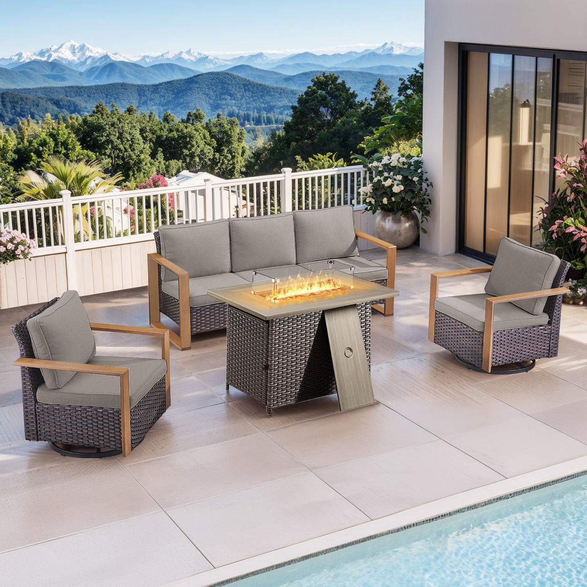 Gymojoy 4-Piece Patio Furniture Set with 41" Propane Fire Pit Table, Outdoor Wicker Conversation Set with 2 Swivel Glider Chairs and Rattan Sofa for Deck Backyard