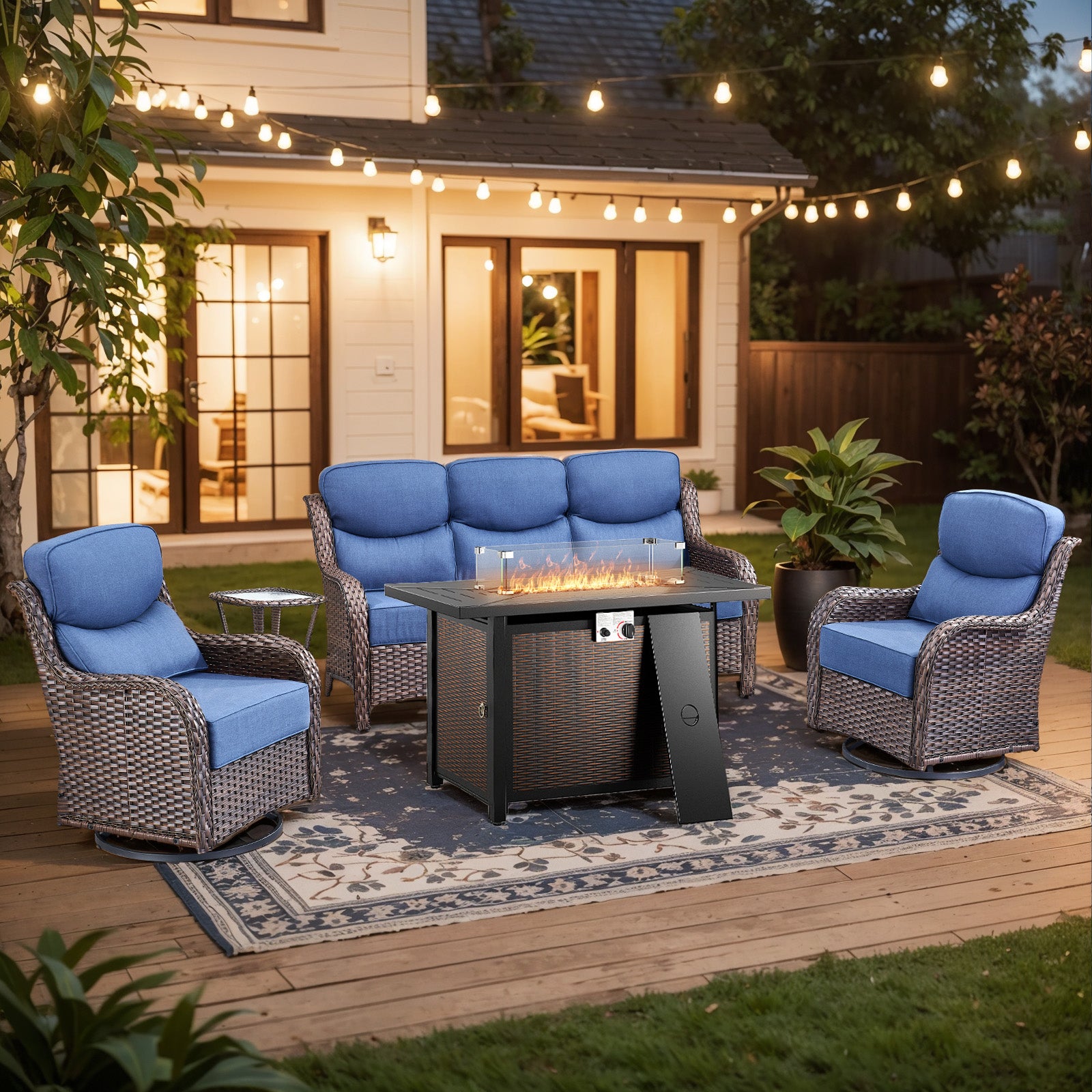 Gymojoy 5-Piece Wicker Patio Furniture Set with Fire Pit Table, Swivel Rocker Chairs, Sofa, Side Table and 6" Thick Cushions