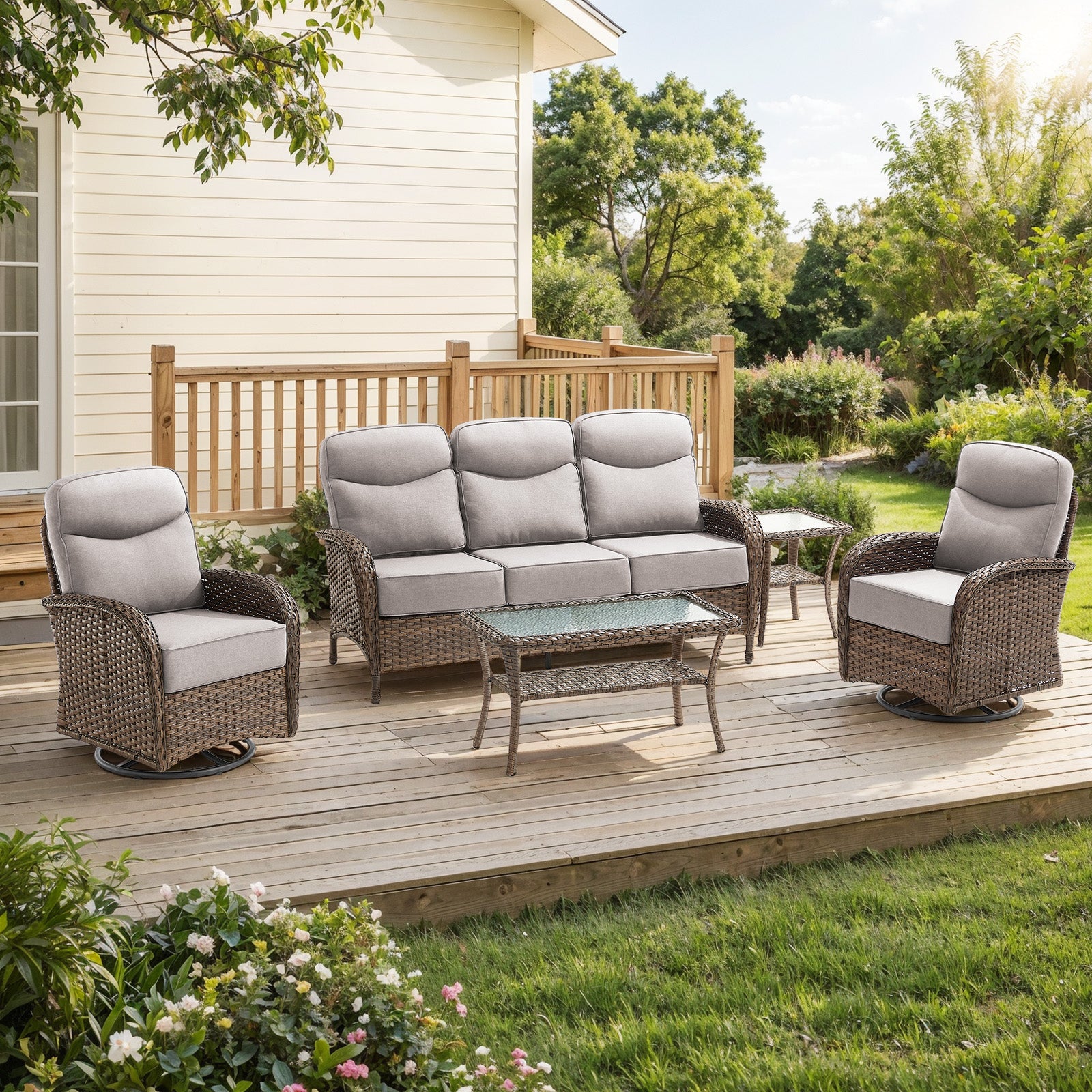 Gymojoy 5 Piece Patio Furniture Set High Back Outdoor Conversation Set with Sofa, Swivel Rocker Chairs, Side Table, Center Table and 6-inch Cushions