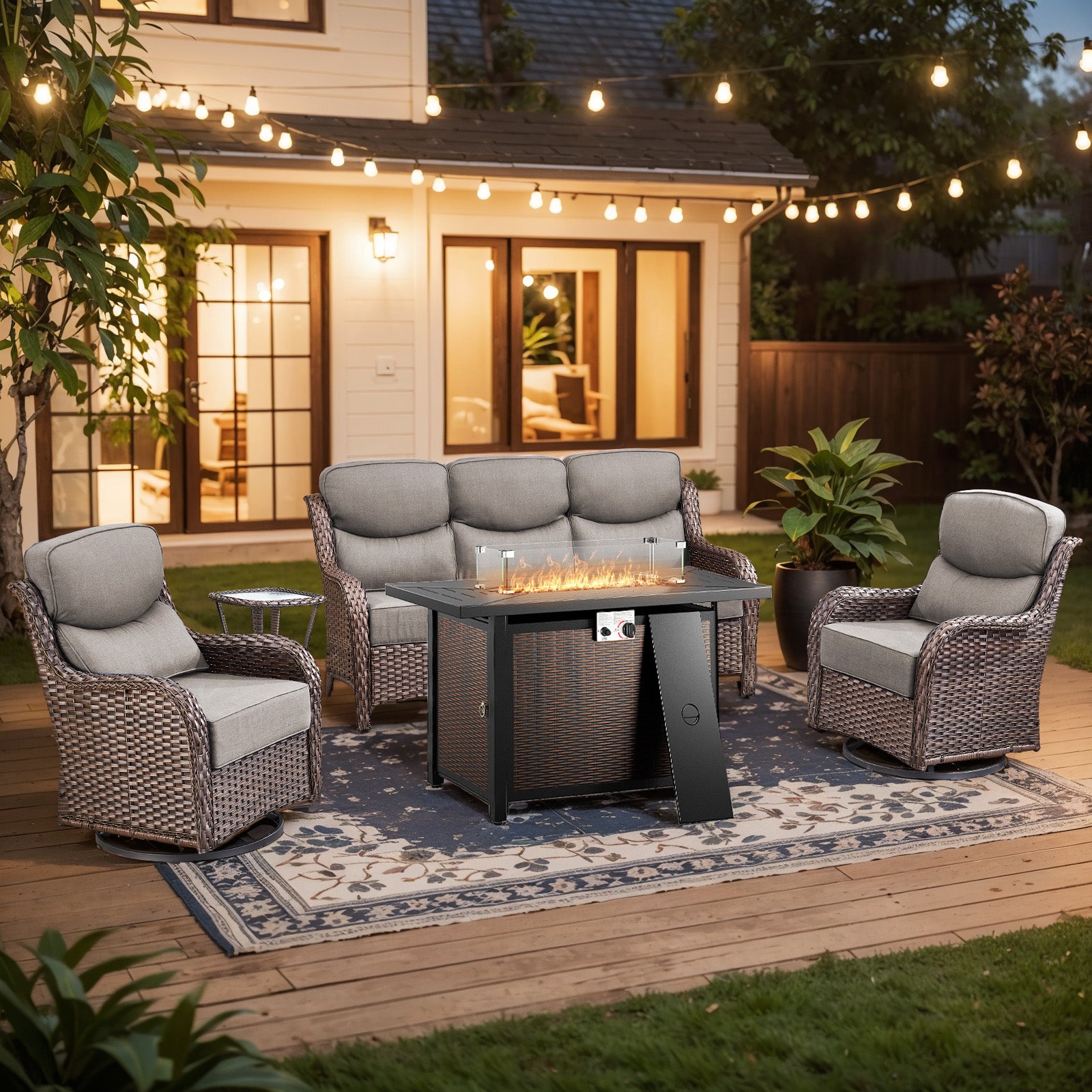 Gymojoy 5-Piece Wicker Patio Furniture Set with Fire Pit Table, Swivel Rocker Chairs, Sofa, Side Table and 6" Thick Cushions