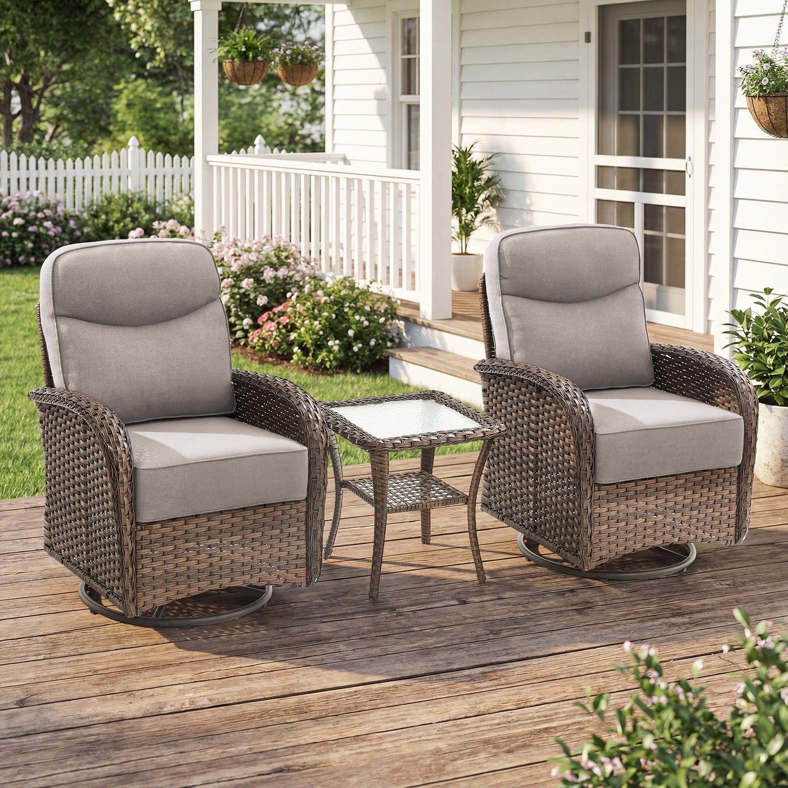 Gymojoy 3 Pieces Patio Furniture Set Wicker Outdoor High Back Swivel Glider Rocker Chairs of 2 with Side Table and 6-inch Cushions