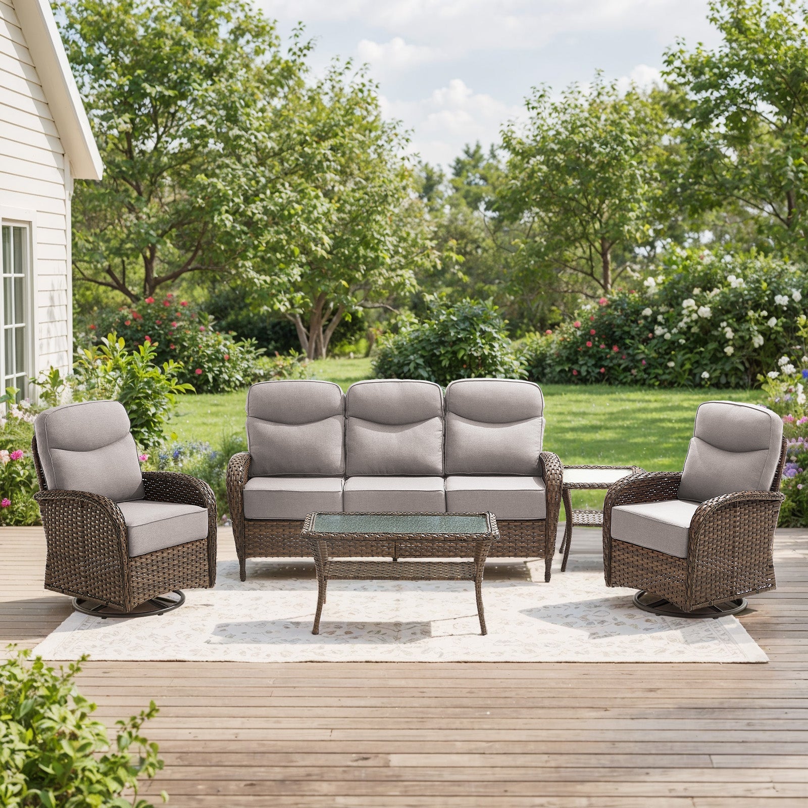 Gymojoy 5 Piece Patio Furniture Set High Back Outdoor Conversation Set with Sofa, Swivel Rocker Chairs, Side Table, Center Table and 6-inch Cushions