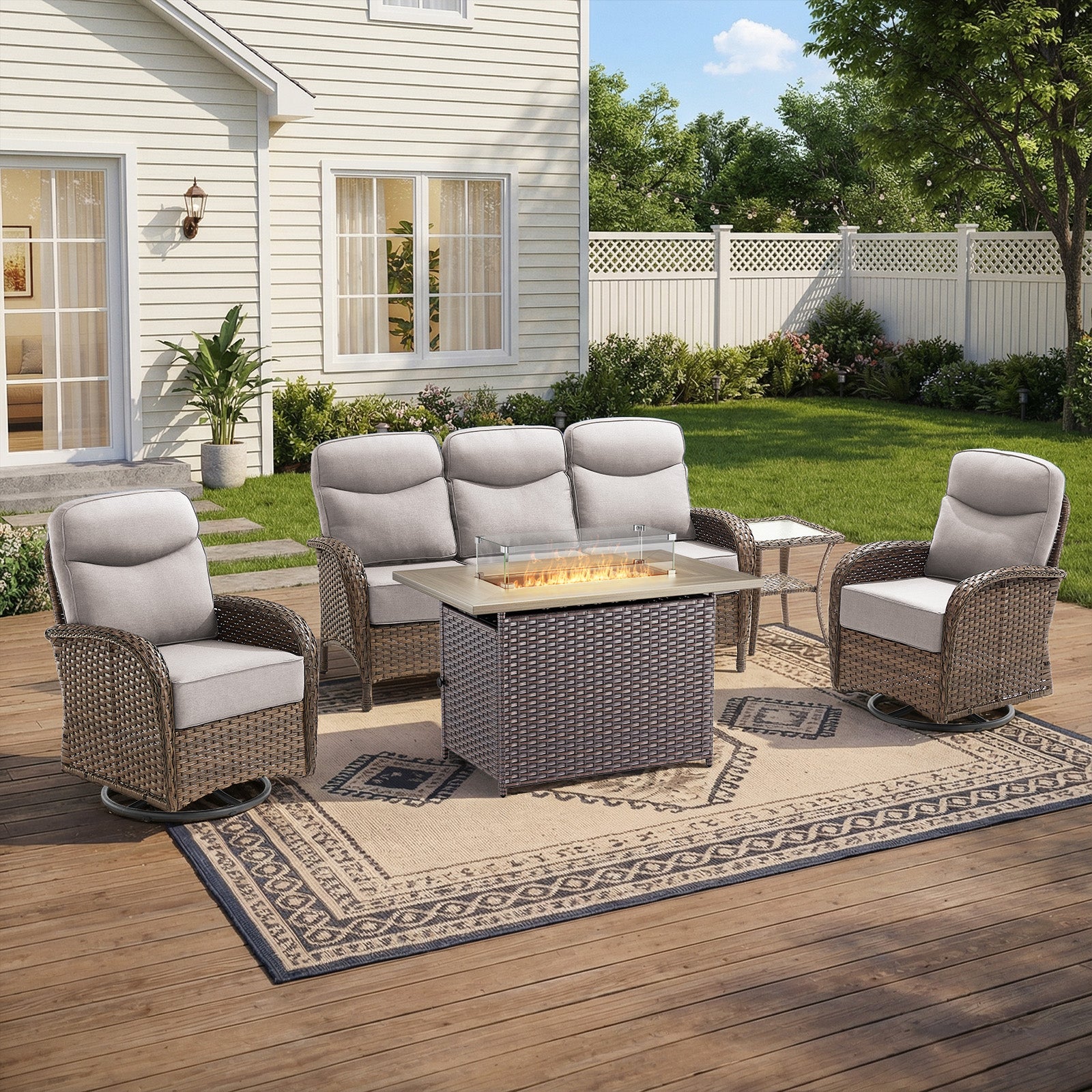 Gymojoy 5 Piece Patio Fire Pit Set with High Back Swivel Rocker Chairs, Sofa and Side Table, Outdoor Conversation Set with 6-inch Cushions