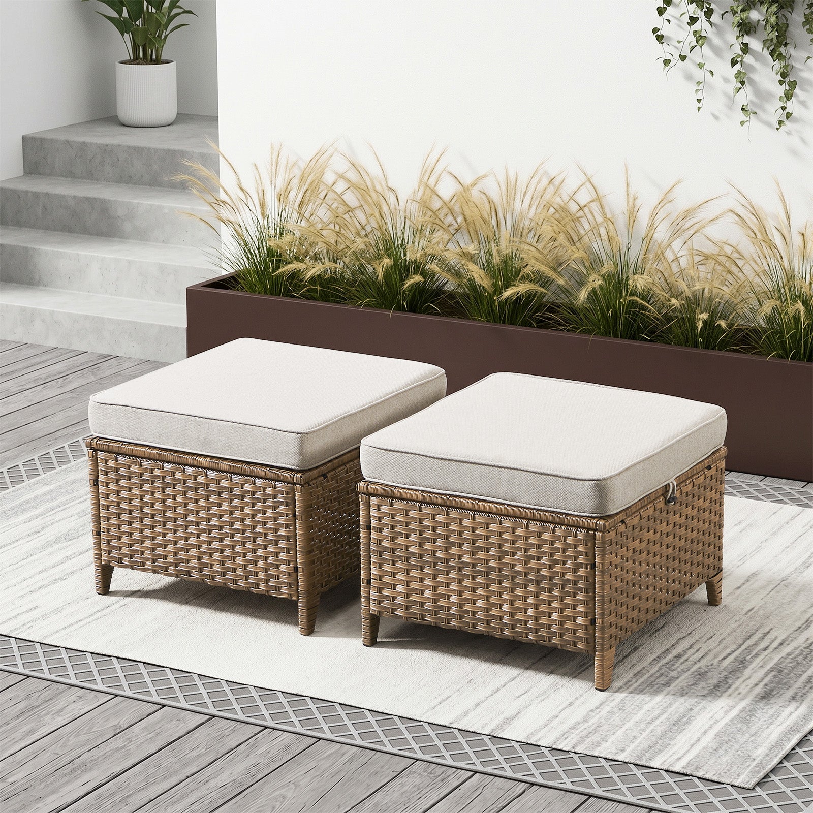 Gymojoy Outdoor Wicker Ottoman Set of 2, Patio Footstool Footrest with Cushions