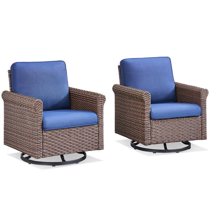 3-Piece Brown Wicker Patio Swivel Glider Outdoor Rocking Chairs with Side Table Olefin 4in. Thick Beige Cushions