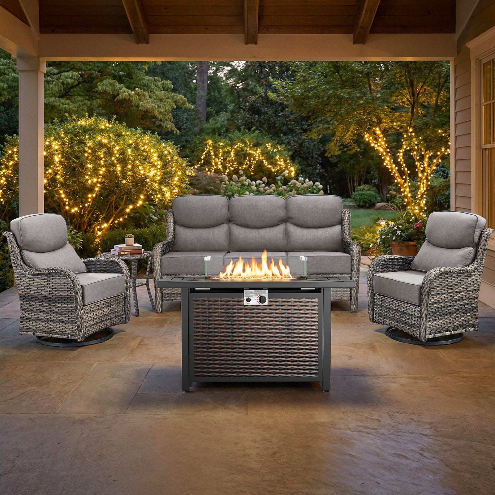 Gymojoy 5-Piece Wicker Patio Furniture Set with Fire Pit Table, Swivel Rocker Chairs, Sofa, Side Table and 6" Thick Cushions