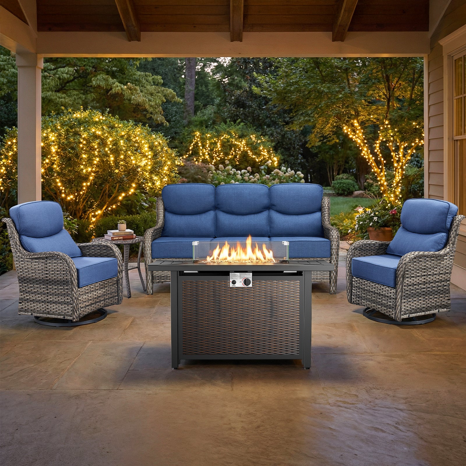 Gymojoy 5-Piece Wicker Patio Furniture Set with Fire Pit Table, Swivel Rocker Chairs, Sofa, Side Table and 6" Thick Cushions