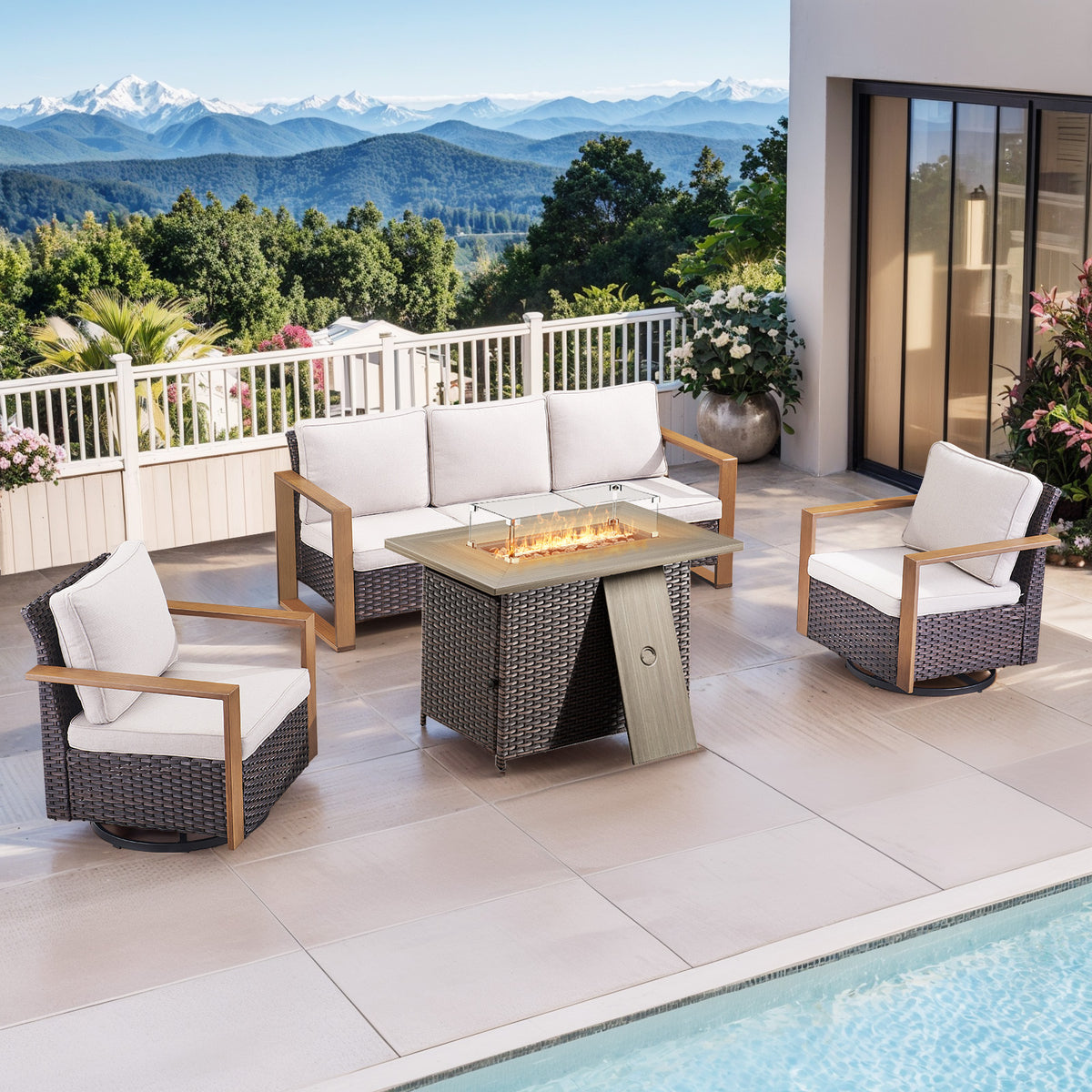 Gymojoy 4-Piece Patio Furniture Set with 41" Propane Fire Pit Table, Outdoor Wicker Conversation Set with 2 Swivel Glider Chairs and Rattan Sofa for Deck Backyard