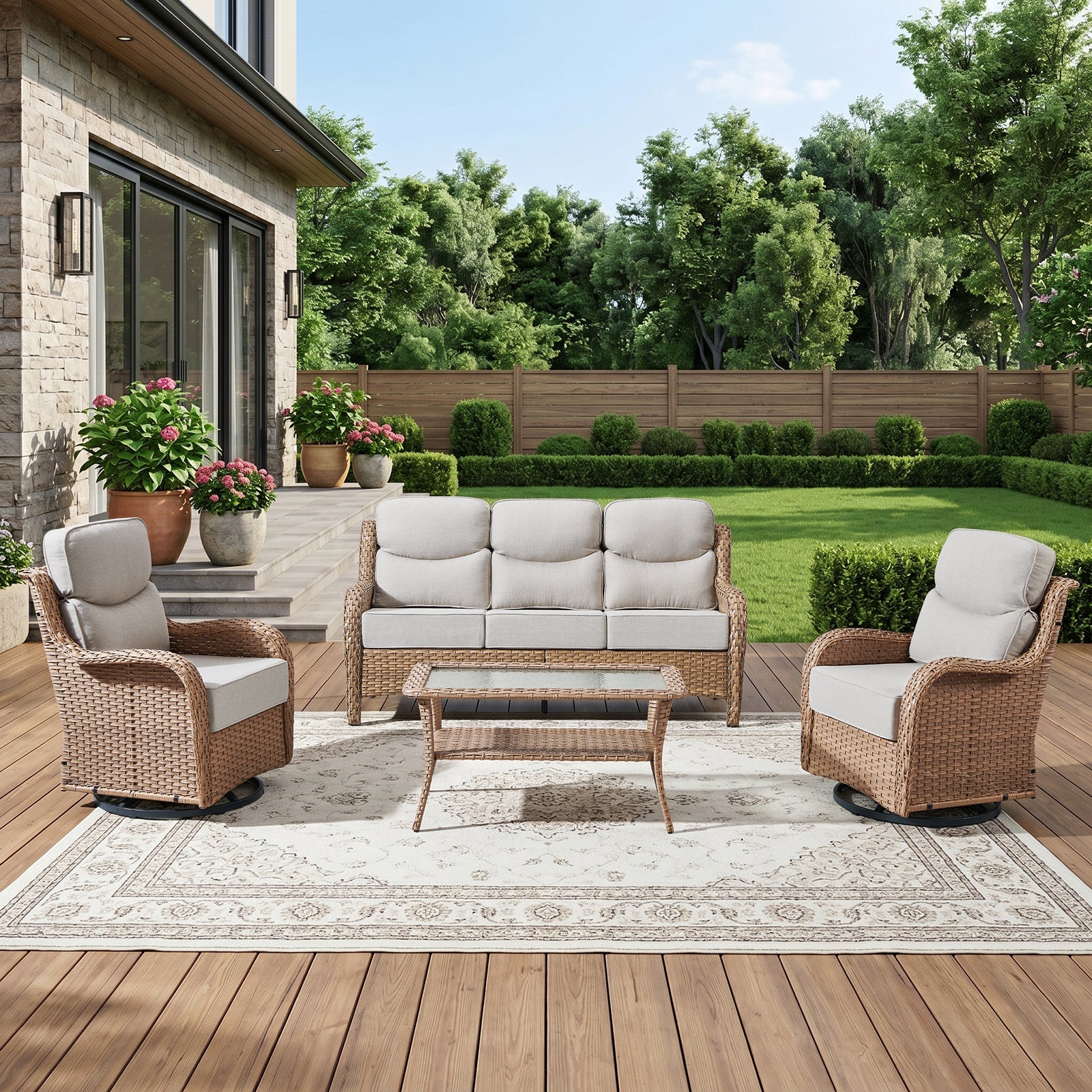 Gymojoy 4-Piece High Back Wicker Patio Outdoor Furniture Set with Sofa, Swivel Chairs, Coffee Table & 6" Cushions