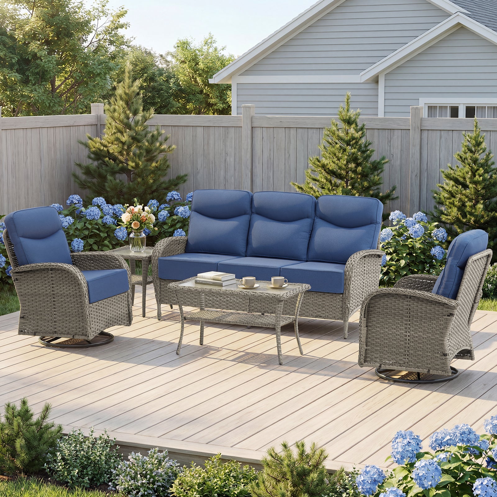 Gymojoy 5 Piece Patio Furniture Set High Back Outdoor Conversation Set with Sofa, Swivel Rocker Chairs, Side Table, Center Table and 6-inch Cushions
