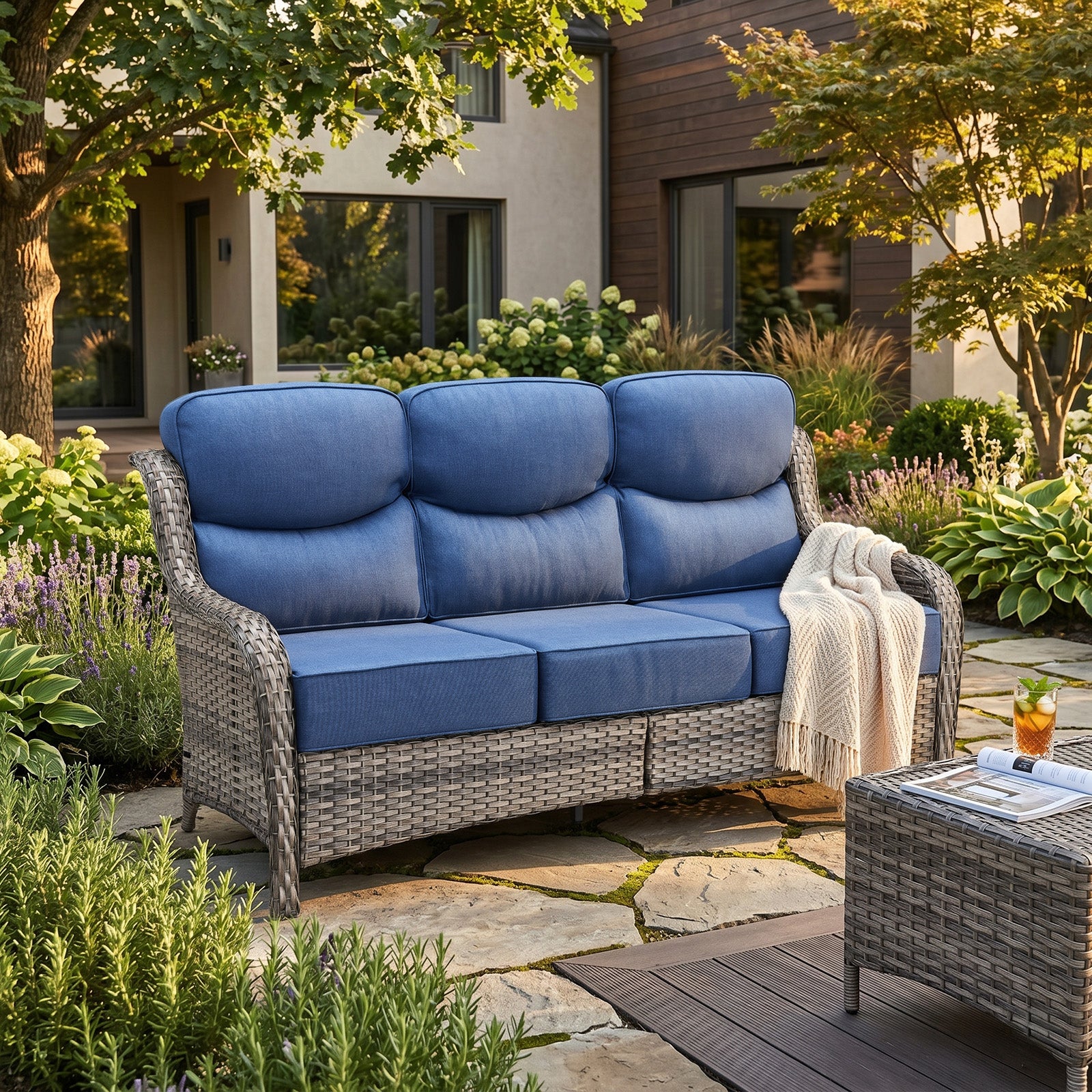 Gymojoy Outdoor Wicker Sofa High Back Patio 3-Seater Rattan Couch with 6'' Thick Cushions, Ideal for Porch, Poolside, Deck, Yard