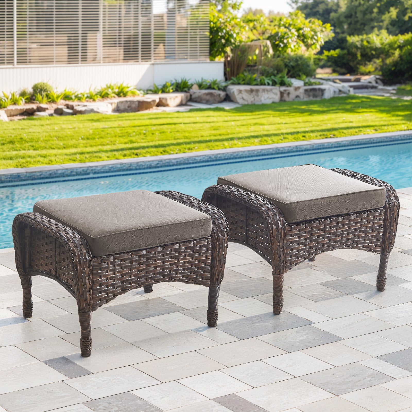 Gymojoy 2 Pack Outdoor Wicker Patio Ottomans, All Weather Rattan Footrest Footstool Seat with Removable Cushions