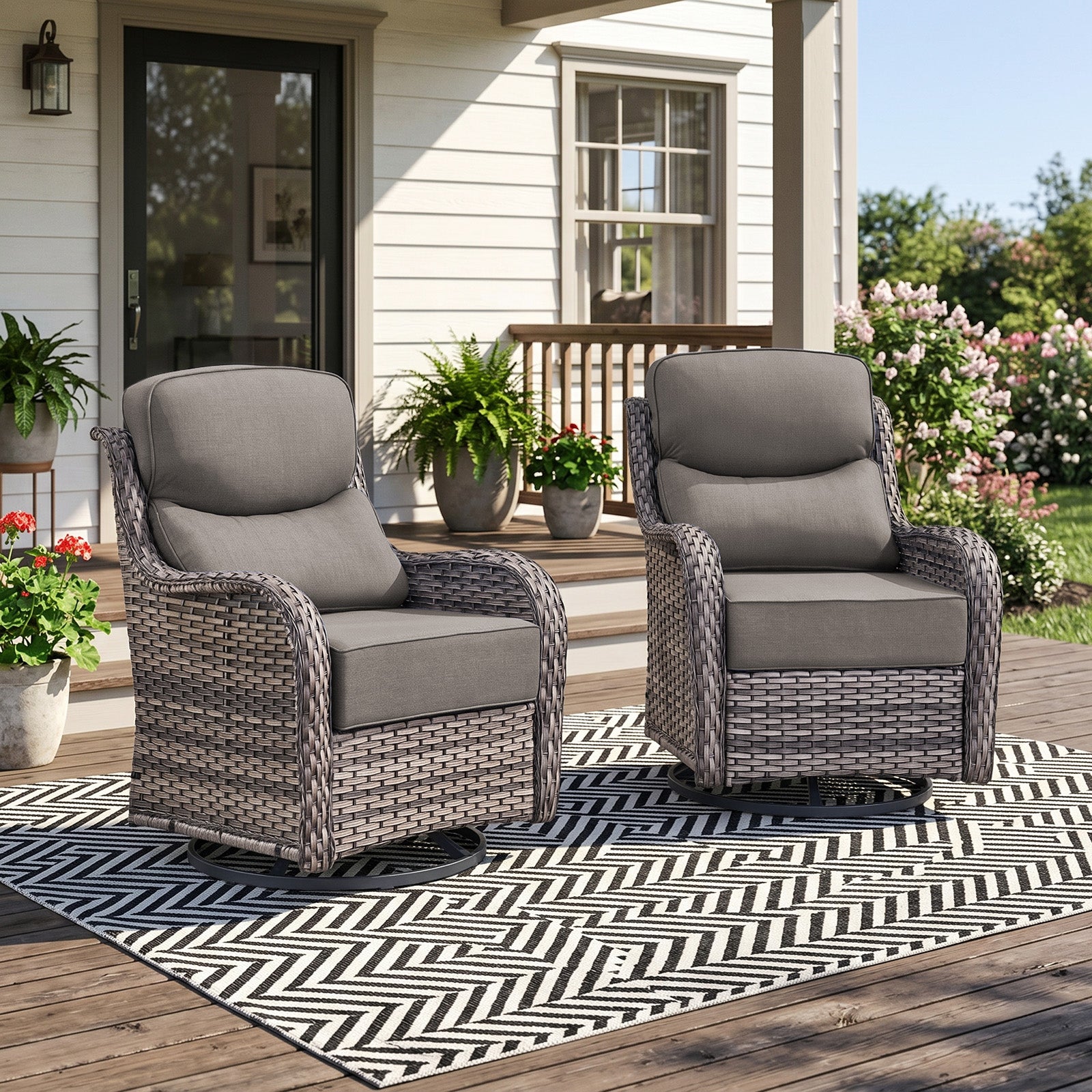 Gymojoy Outdoor Wicker Swivel Rocker Set of 2 with 6-Inch Thick Cushion, High Back Rattan Patio Swivel Gliders
