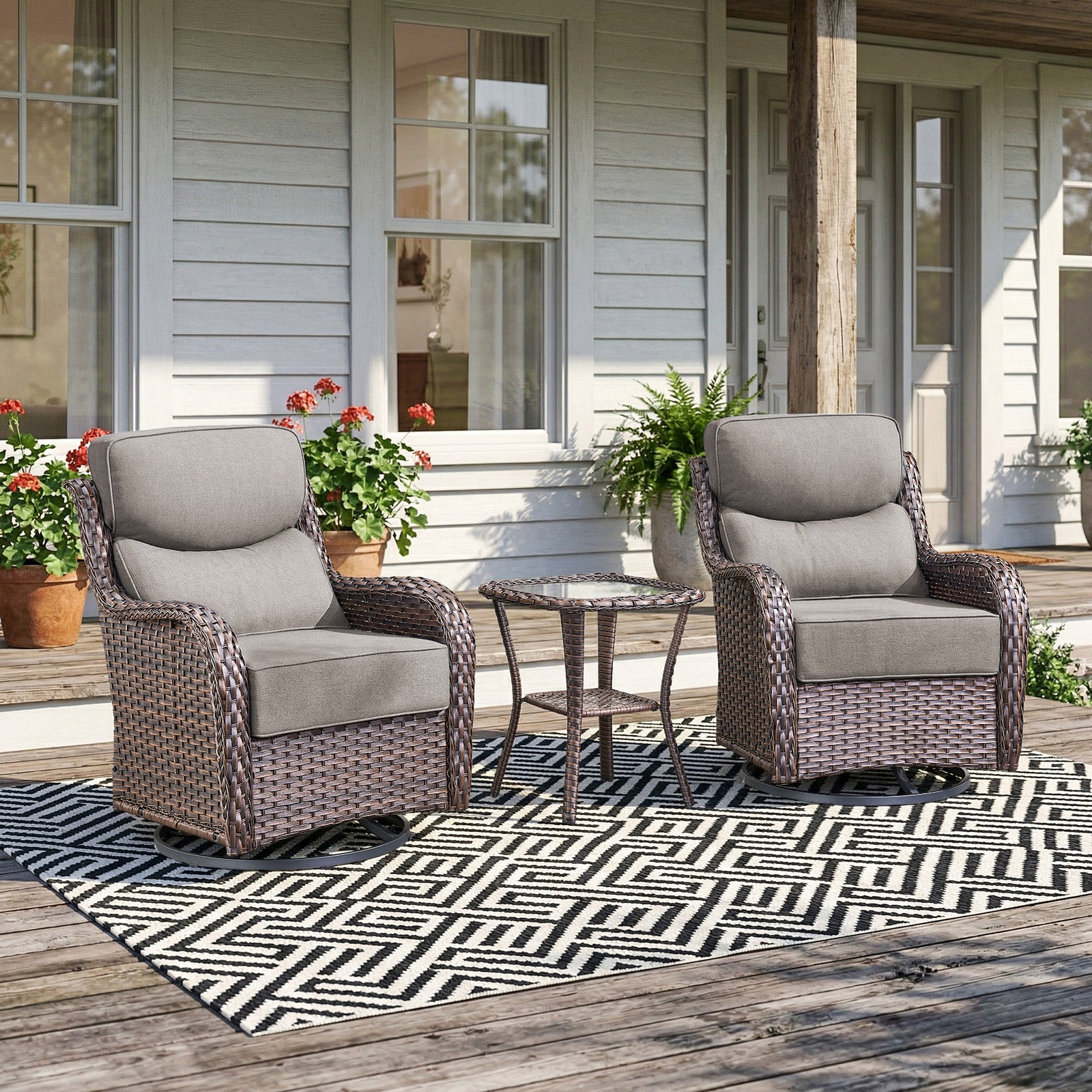Gymojoy 3-Piece Wicker Swivel Rocker Patio Chairs Set with Side Table & 6" Cushions