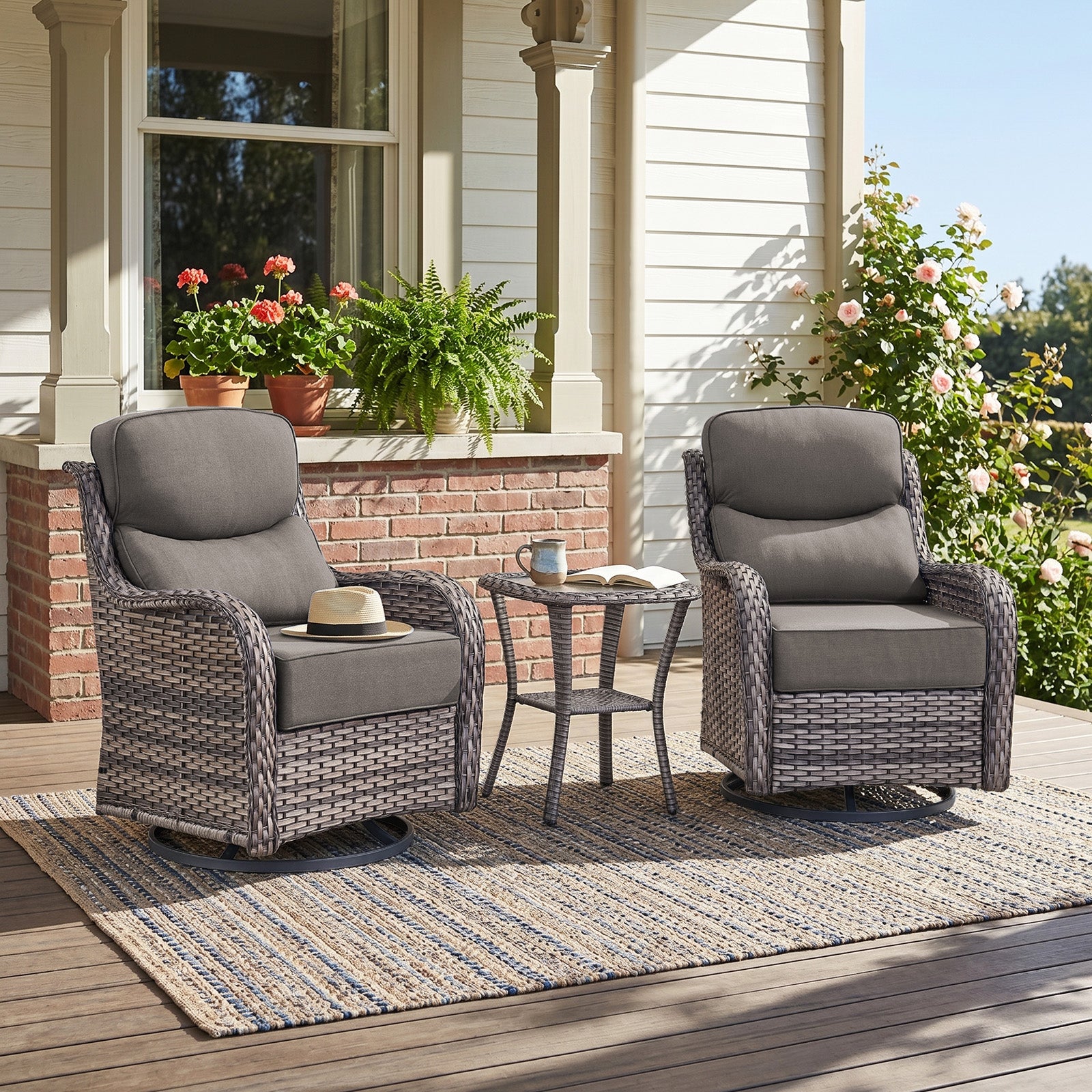 Gymojoy 3-Piece Wicker Swivel Rocker Patio Chairs Set with Side Table & 6" Cushions