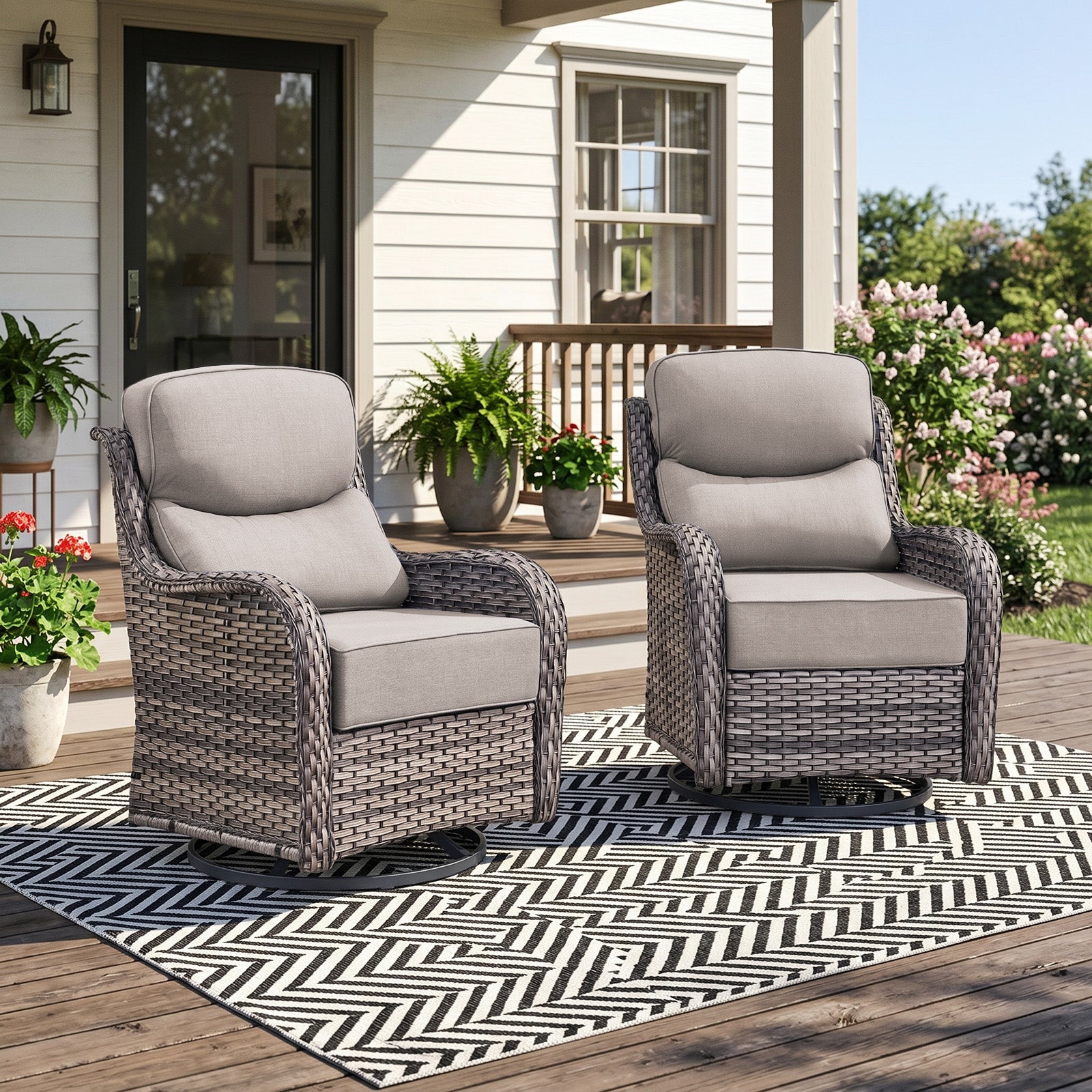 Gymojoy Outdoor Wicker Swivel Rocker Set of 2 with 6-Inch Thick Cushion, High Back Rattan Patio Swivel Gliders