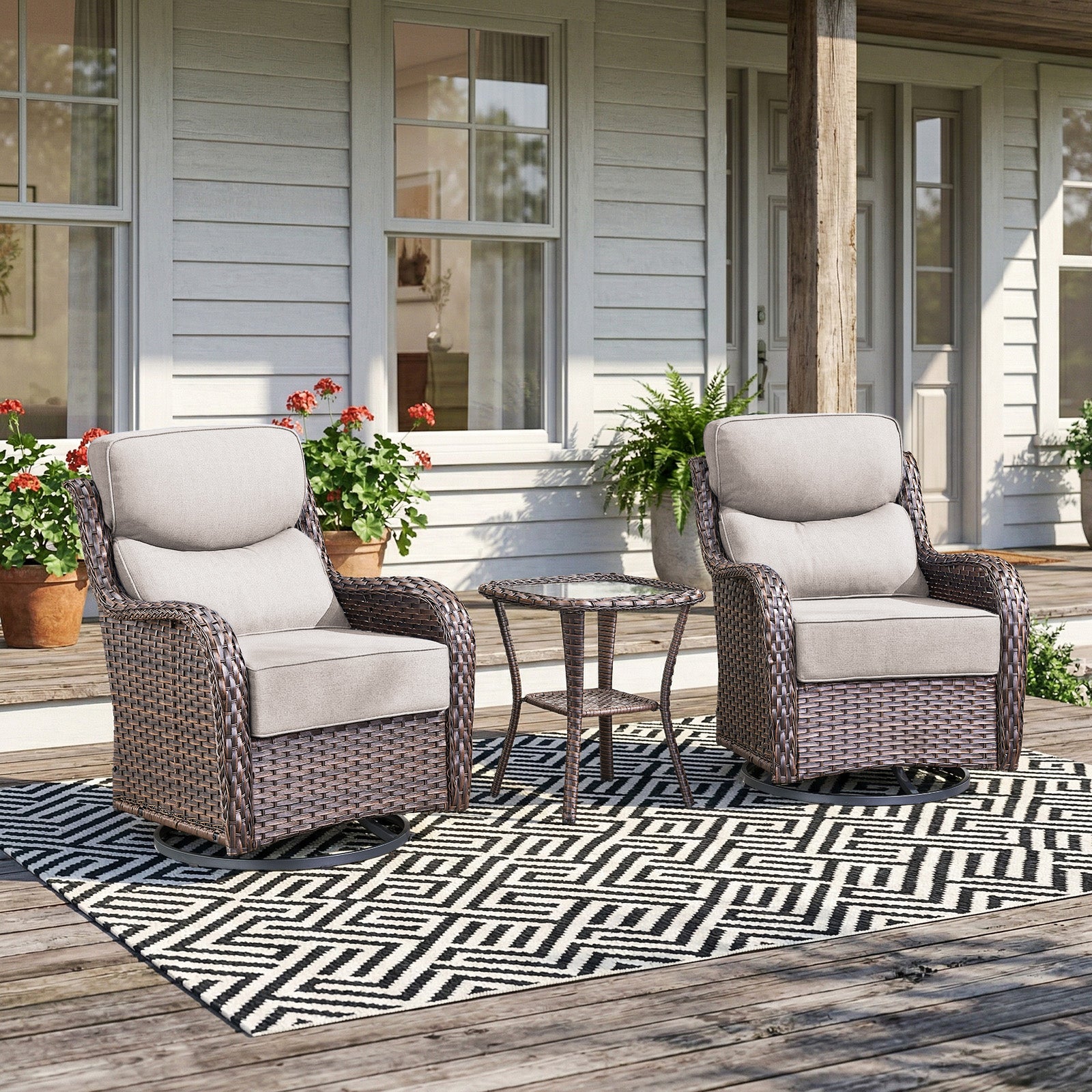 Gymojoy 3-Piece Wicker Swivel Rocker Patio Chairs Set with Side Table & 6" Cushions