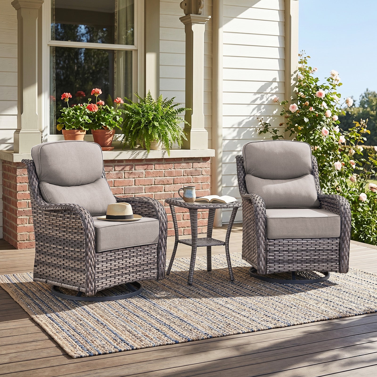 Gymojoy 3-Piece Wicker Swivel Rocker Patio Chairs Set with Side Table & 6" Cushions