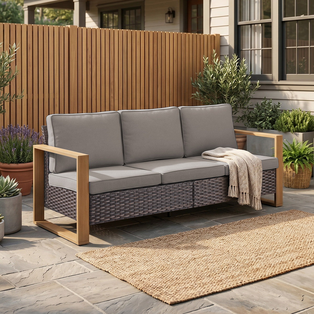 Gymojoy 3-Seater Wicker Patio Sofa Deep Seat Outdoor Rattan Couch