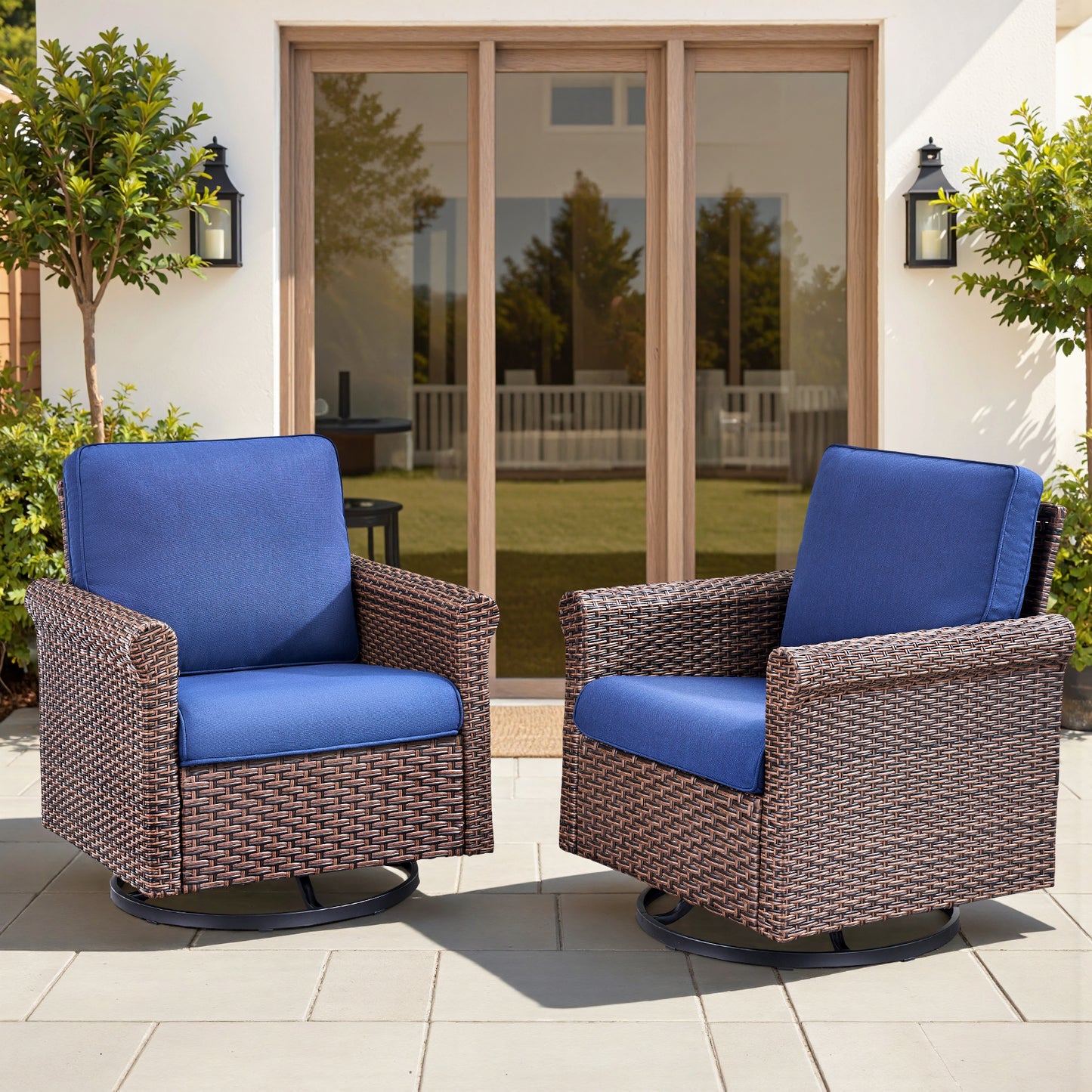 3-Piece Brown Wicker Patio Swivel Glider Outdoor Rocking Chairs with Side Table Olefin 4in. Thick Beige Cushions