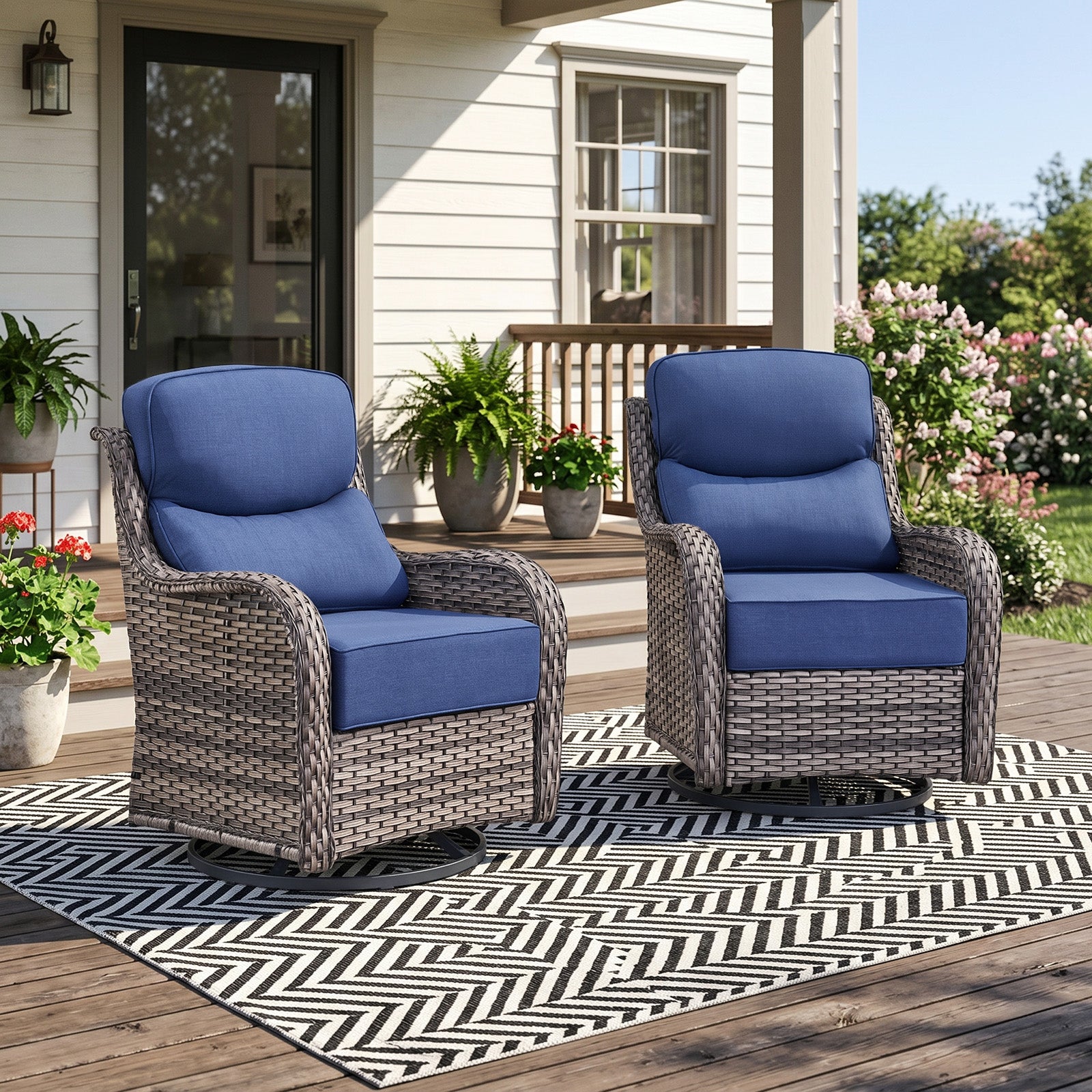 Gymojoy Outdoor Wicker Swivel Rocker Set of 2 with 6-Inch Thick Cushion, High Back Rattan Patio Swivel Gliders