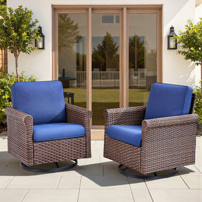 3-Piece Brown Wicker Patio Swivel Glider Outdoor Rocking Chairs with Side Table Olefin 4in. Thick Beige Cushions