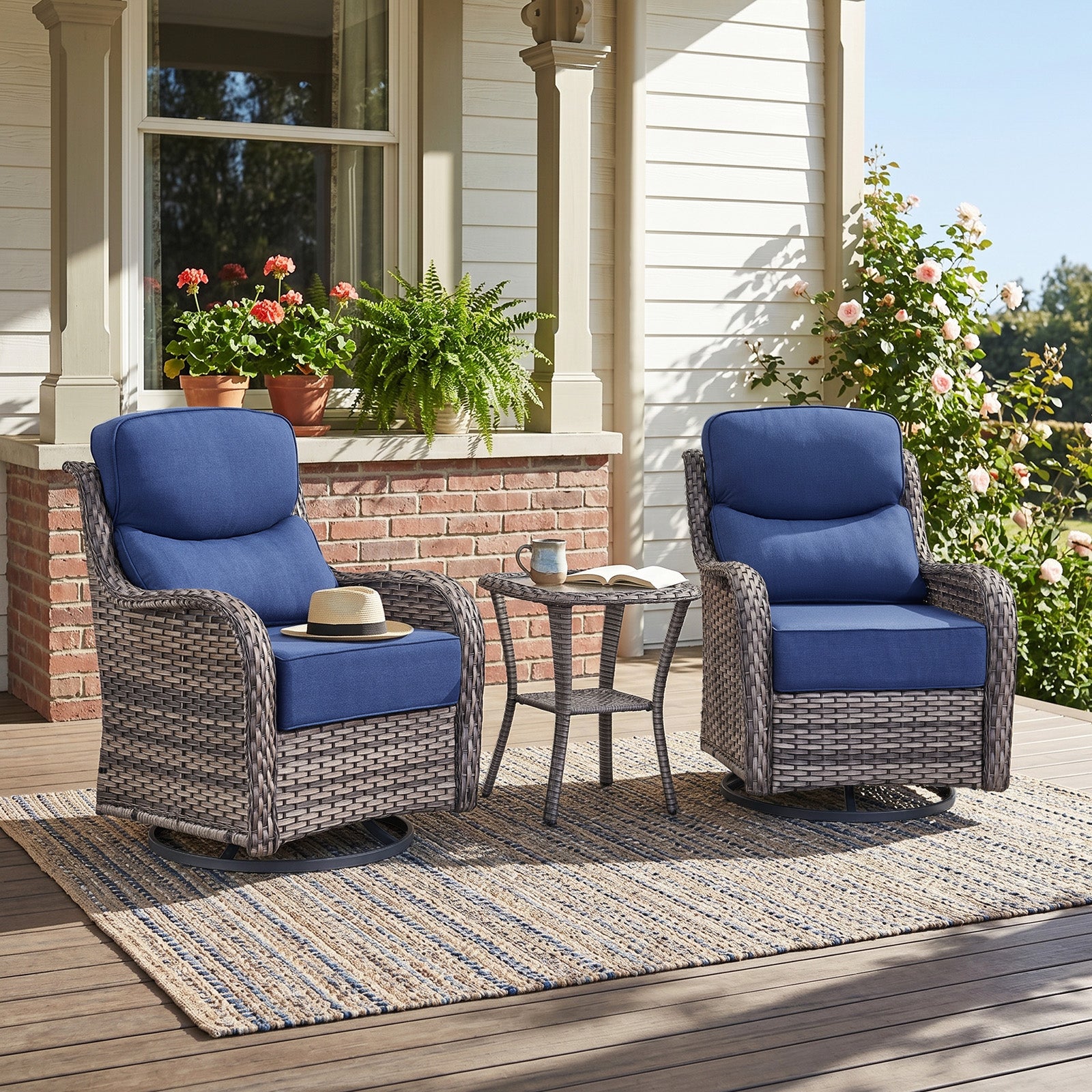 Gymojoy 3-Piece Wicker Swivel Rocker Patio Chairs Set with Side Table & 6" Cushions
