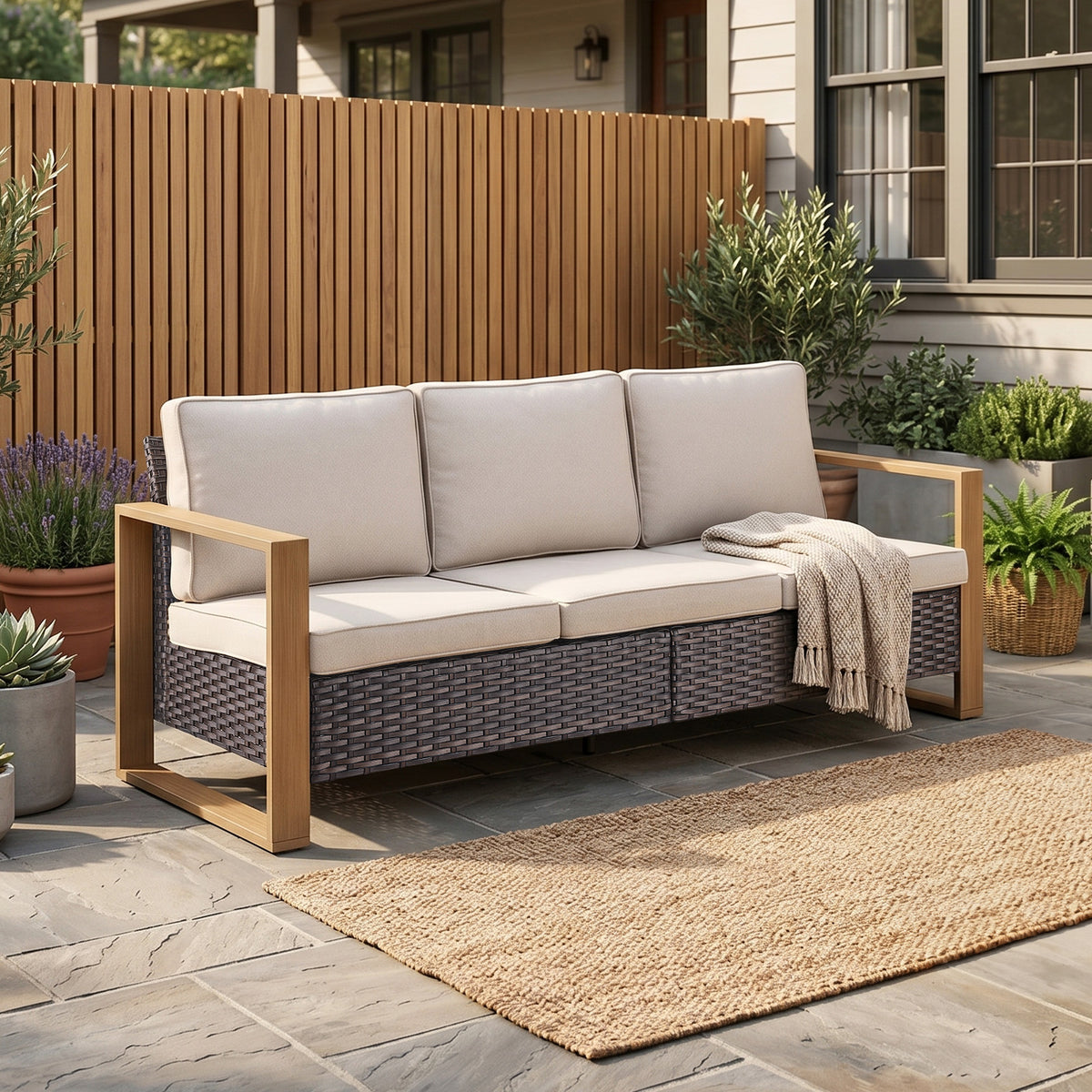 Gymojoy 3-Seater Wicker Patio Sofa Deep Seat Outdoor Rattan Couch