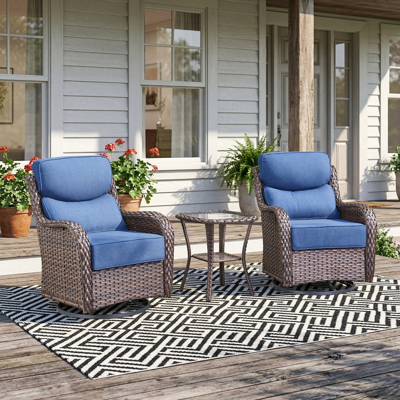 Gymojoy 3-Piece Wicker Swivel Rocker Patio Chairs Set with Side Table & 6" Cushions