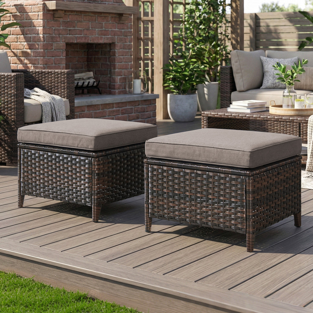 Gymojoy Outdoor Wicker Ottoman Set of 2, Patio Footstool Footrest with Cushions