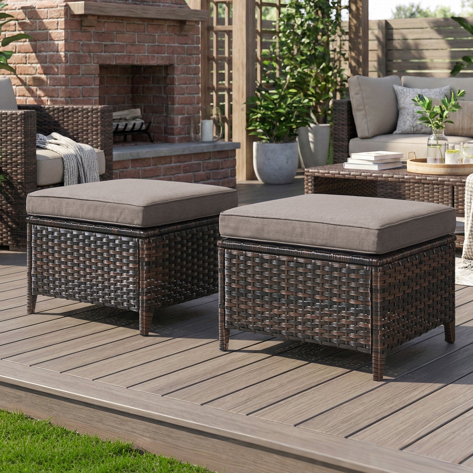 Gymojoy Outdoor Wicker Ottoman Set of 2, Patio Footstool Footrest with Cushions