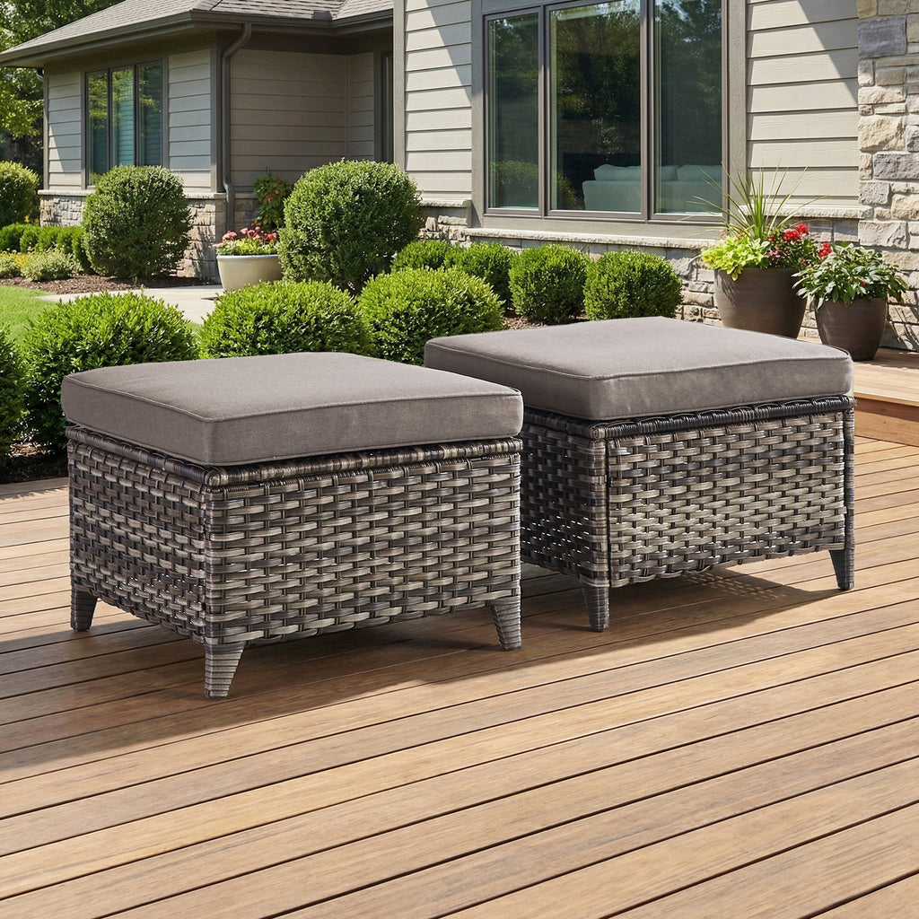 Gymojoy Outdoor Wicker Ottoman Set of 2, Patio Footstool Footrest with Cushions