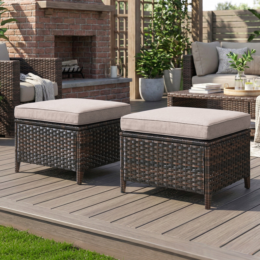 Gymojoy Outdoor Wicker Ottoman Set of 2, Patio Footstool Footrest with Cushions