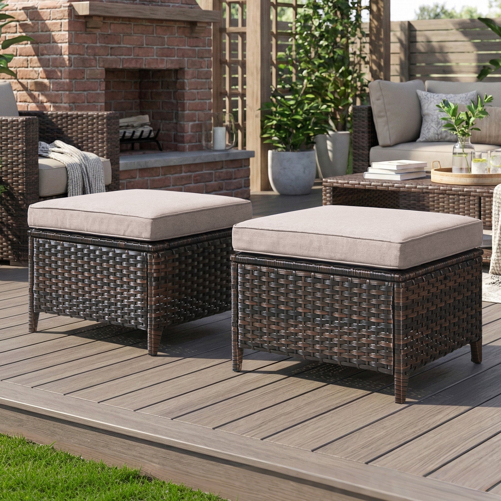 Gymojoy Outdoor Wicker Ottoman Set of 2, Patio Footstool Footrest with Cushions