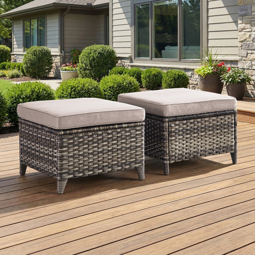 Gymojoy Outdoor Wicker Ottoman Set of 2, Patio Footstool Footrest with Cushions