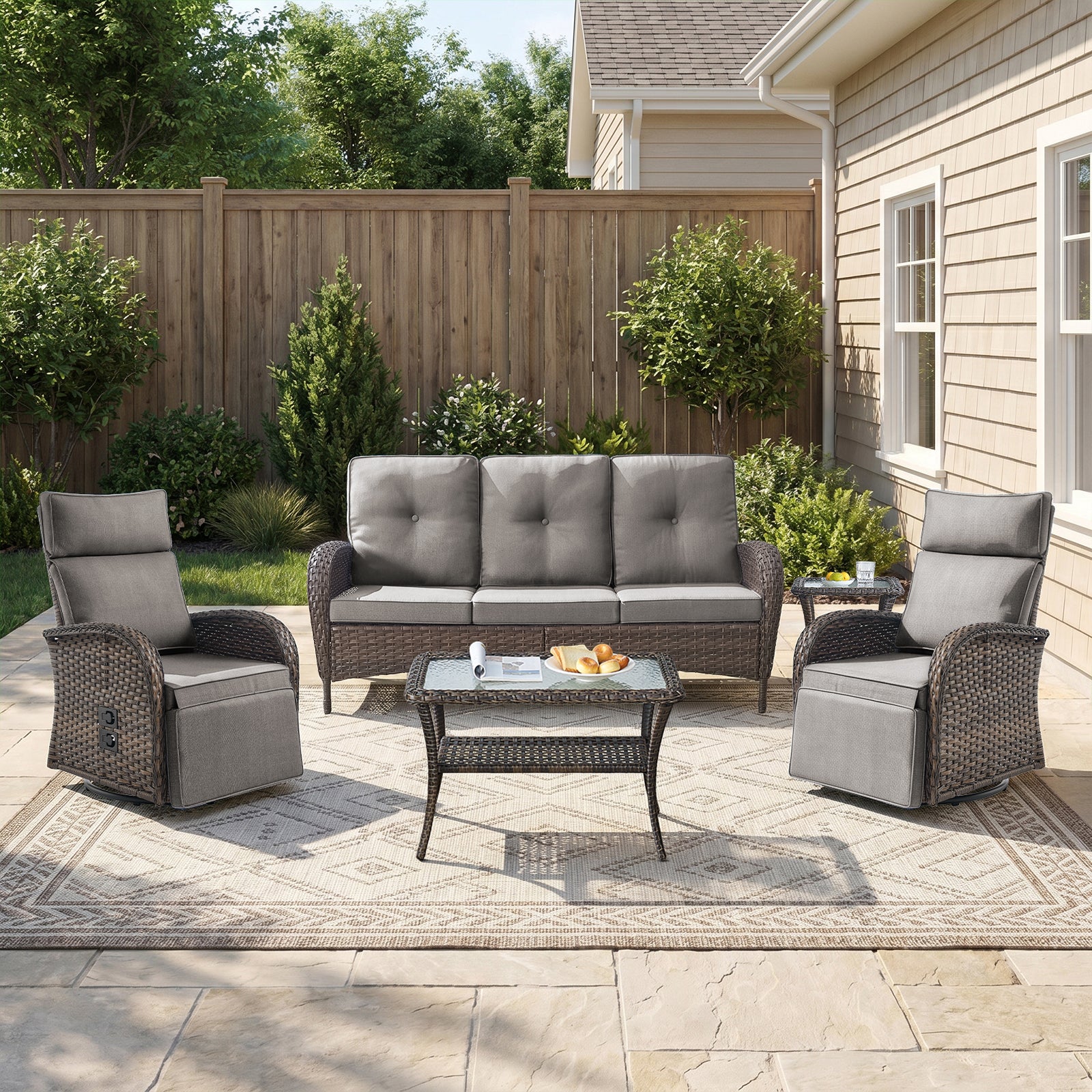 Gymojoy 5-Piece Patio Furniture Set with Swivel Recliner Chairs, Sofa and Coffee Table, Outdoor Wicker Patio Conversation Set with Adjustable Backrest & Footrest