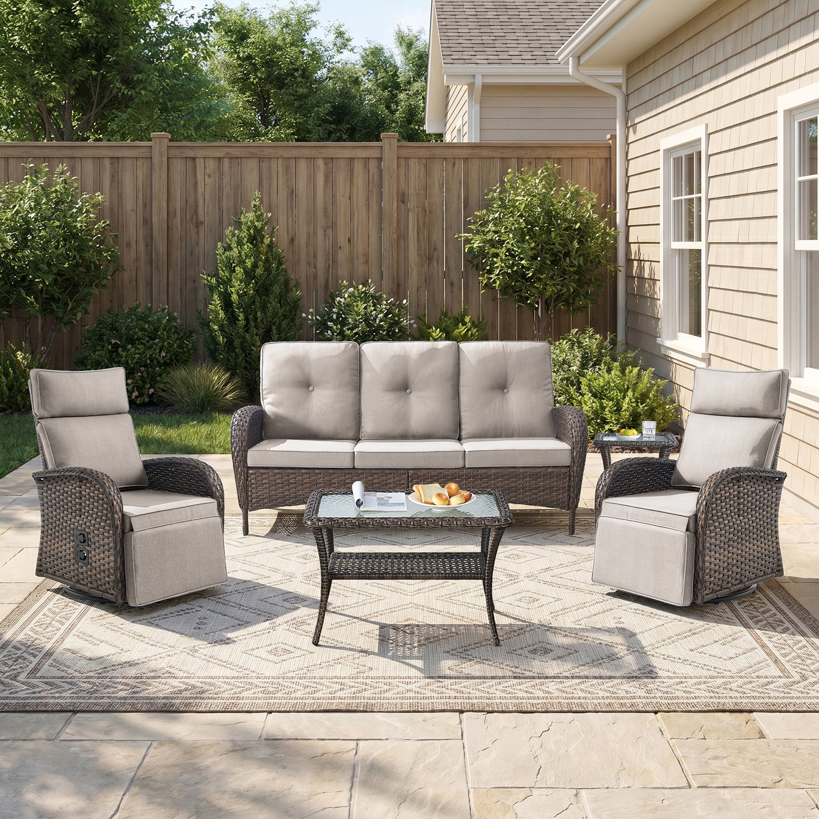 Gymojoy 5-Piece Patio Furniture Set with Swivel Recliner Chairs, Sofa and Coffee Table, Outdoor Wicker Patio Conversation Set with Adjustable Backrest & Footrest