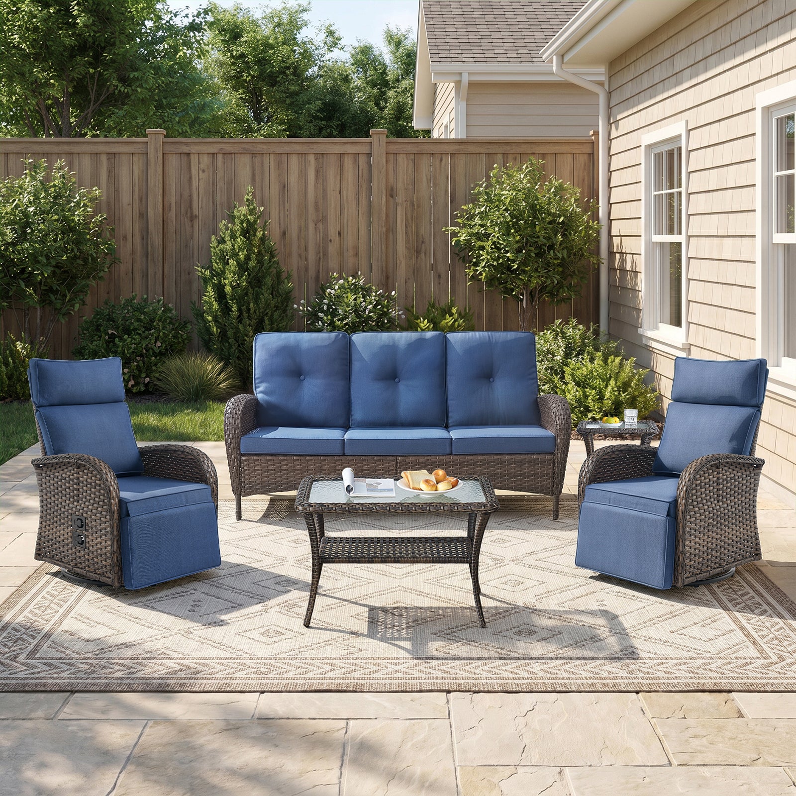 Gymojoy 5-Piece Patio Furniture Set with Swivel Recliner Chairs, Sofa and Coffee Table, Outdoor Wicker Patio Conversation Set with Adjustable Backrest & Footrest