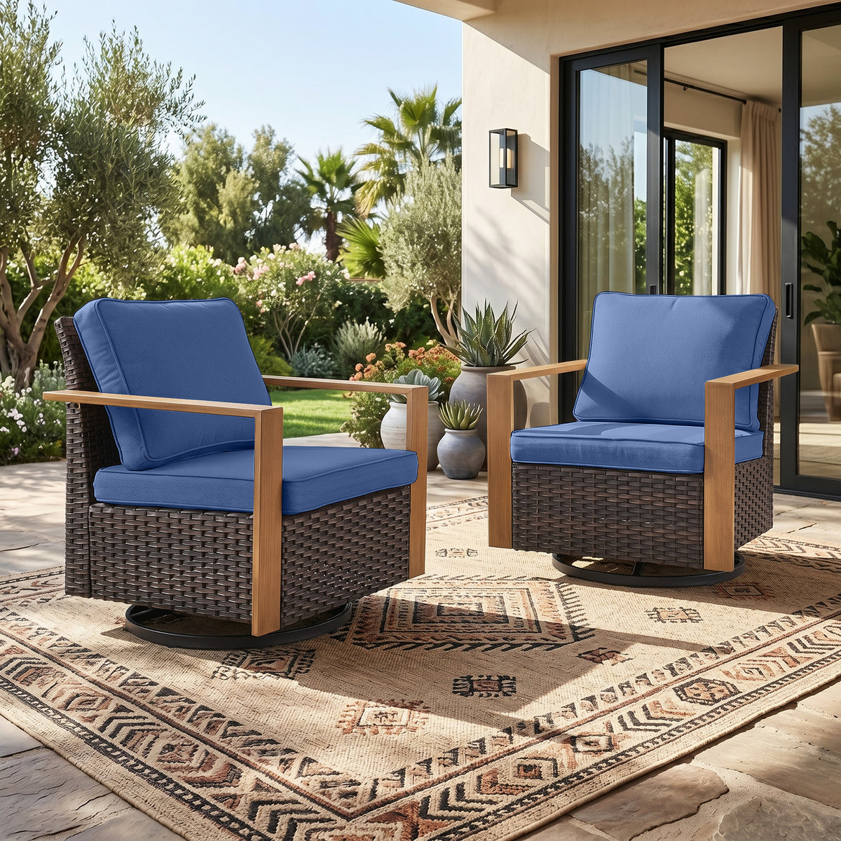 Gymojoy Outdoor Swivel Rocker Patio Chairs Set of 2 with Wide Metal Armrests, All-Weather Wicker Glider Chairs for Porch Deck Sunroom Backyard