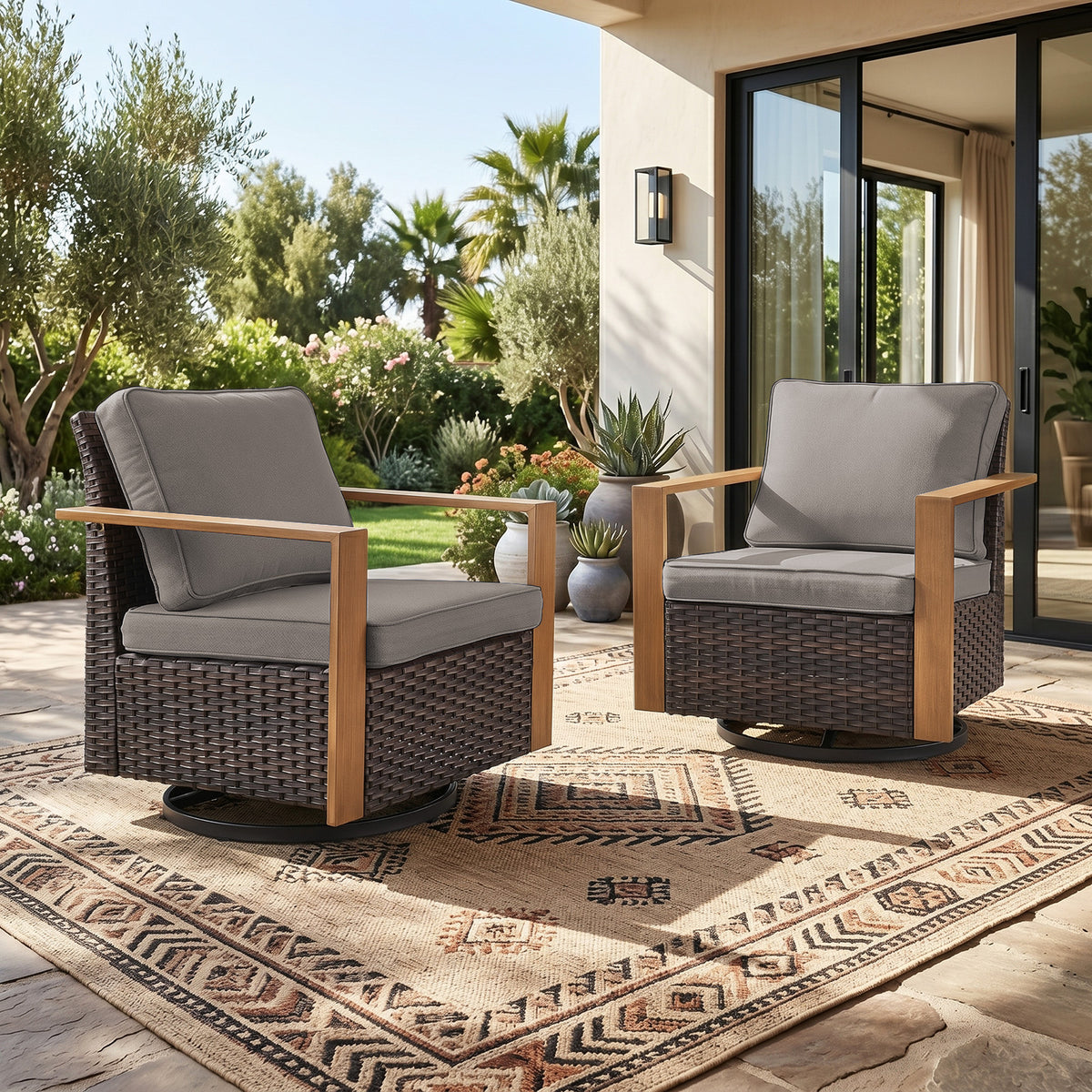 Gymojoy Outdoor Swivel Rocker Patio Chairs Set of 2 with Wide Metal Armrests, All-Weather Wicker Glider Chairs for Porch Deck Sunroom Backyard