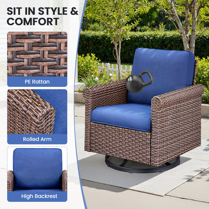 3-Piece Brown Wicker Patio Swivel Glider Outdoor Rocking Chairs with Side Table Olefin 4in. Thick Beige Cushions