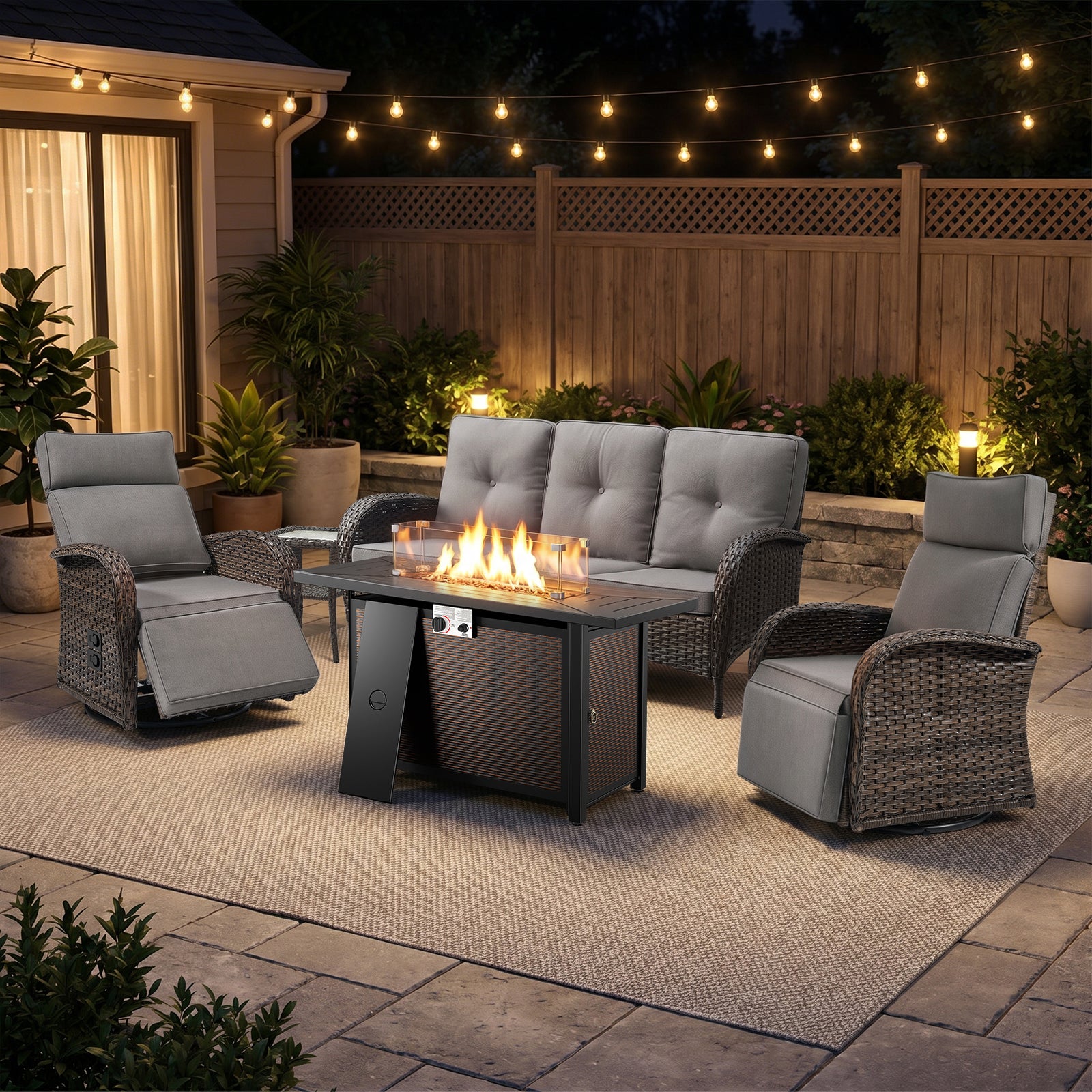 Gymojoy 5-Piece Wicker Patio Furniture Set with 43" Propane Fire Pit Table, Outdoor Swivel Recliner Chairs with Adjustable Backrest & Footrest